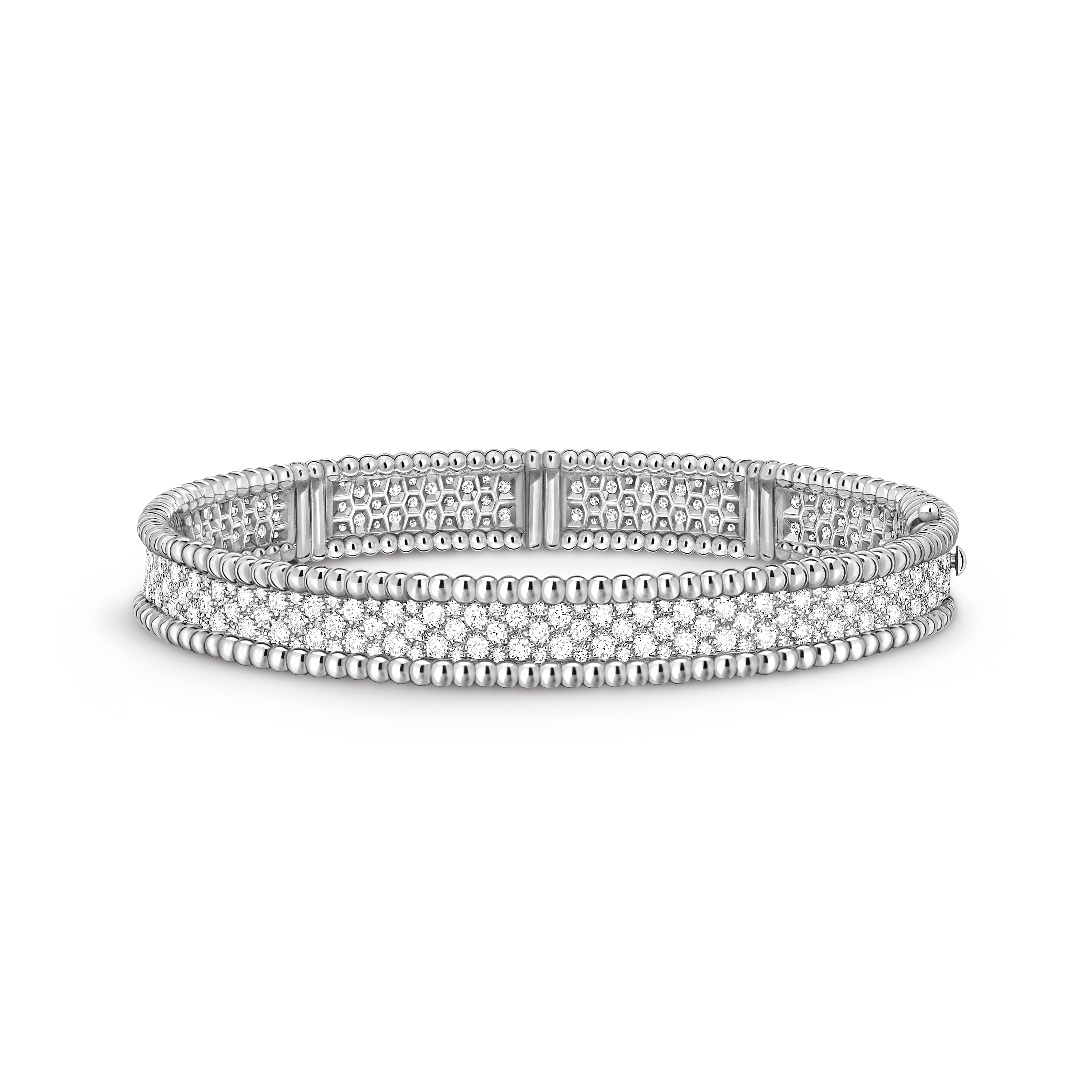 Perlée diamonds bracelet, 3 rows, medium model, 18K white gold, Diamond:  284 stones,  3.37 carats, Front, Jewelry Bracelet - Van Cleef & Arpels