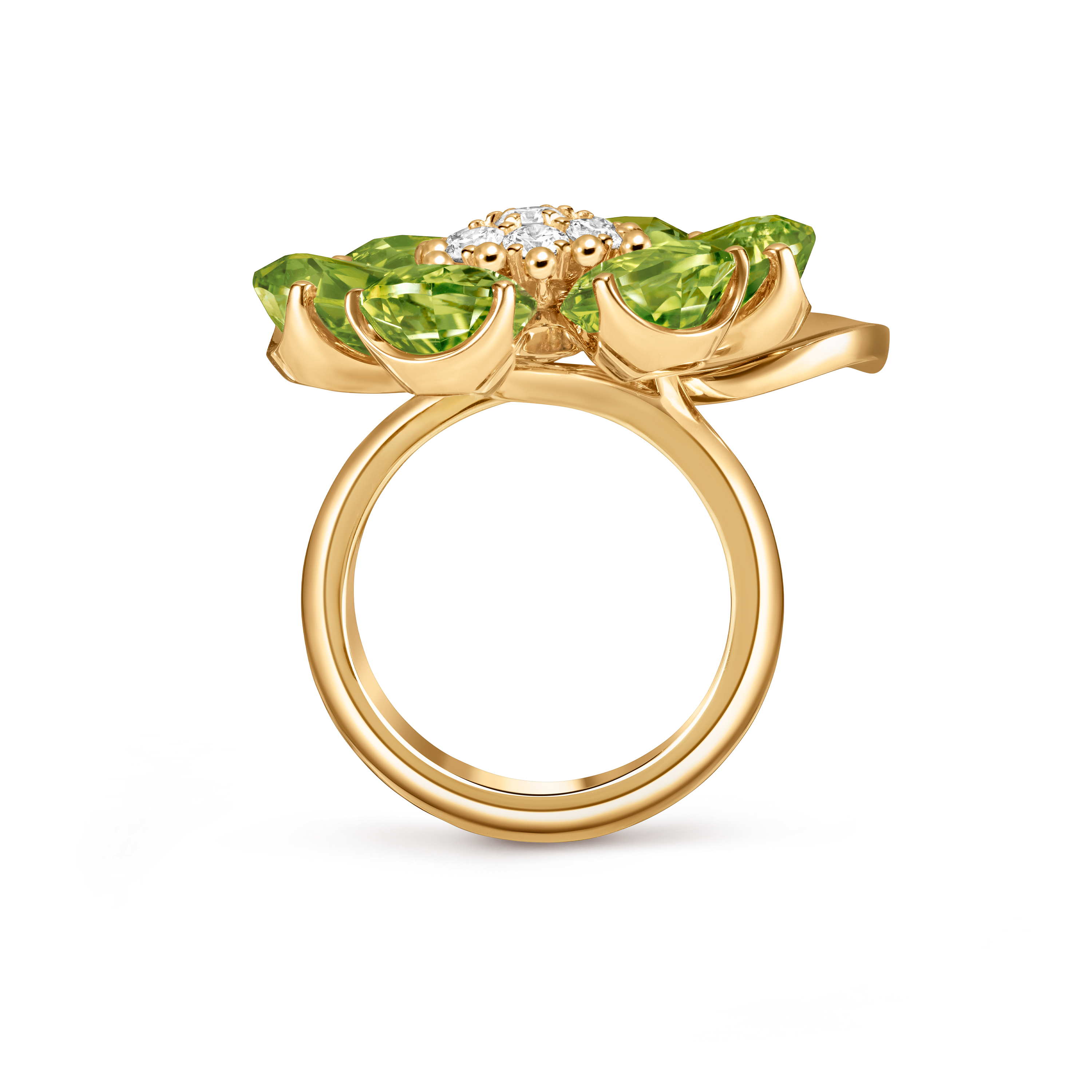 Fleurs d’Hawaï ring, 18K yellow gold, Diamond:  7 stones,  0.54 carat, Peridot:  6 stones,  9.3 carats, Front, Jewelry Ring - Van Cleef & Arpels