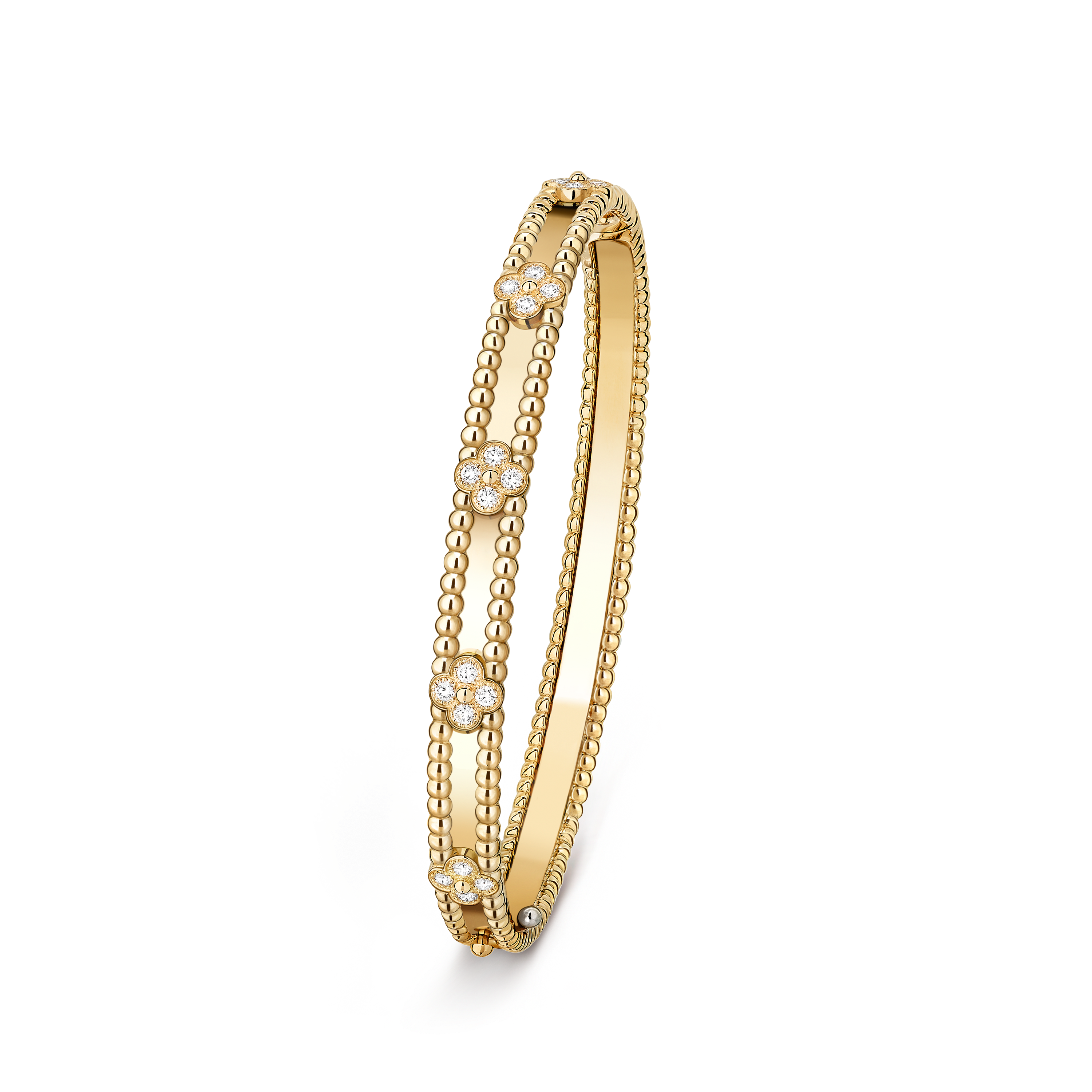 Perlée sweet clovers bracelet, medium model, 18K yellow gold, Diamond:  40 stones,  0.68 carat, Three Fourth, Jewelry Bracelet - Van Cleef & Arpels