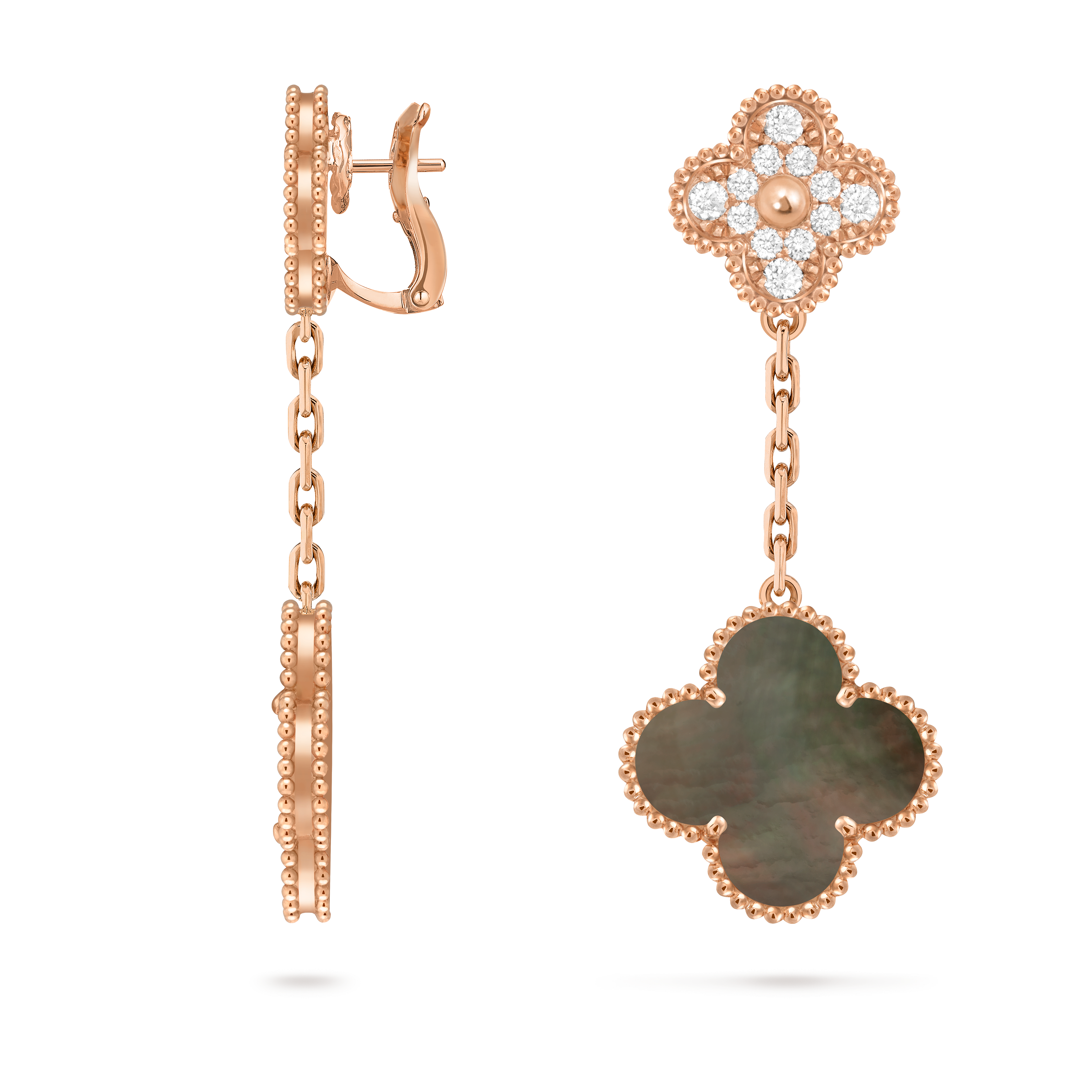Magic Alhambra earrings, 2 motifs, 18K rose gold, Diamond:  24 stones,  0.96 carat, Mother-of-pearl:  2 stones, Three Fourth, Jewelry Earrings - Van Cleef & Arpels