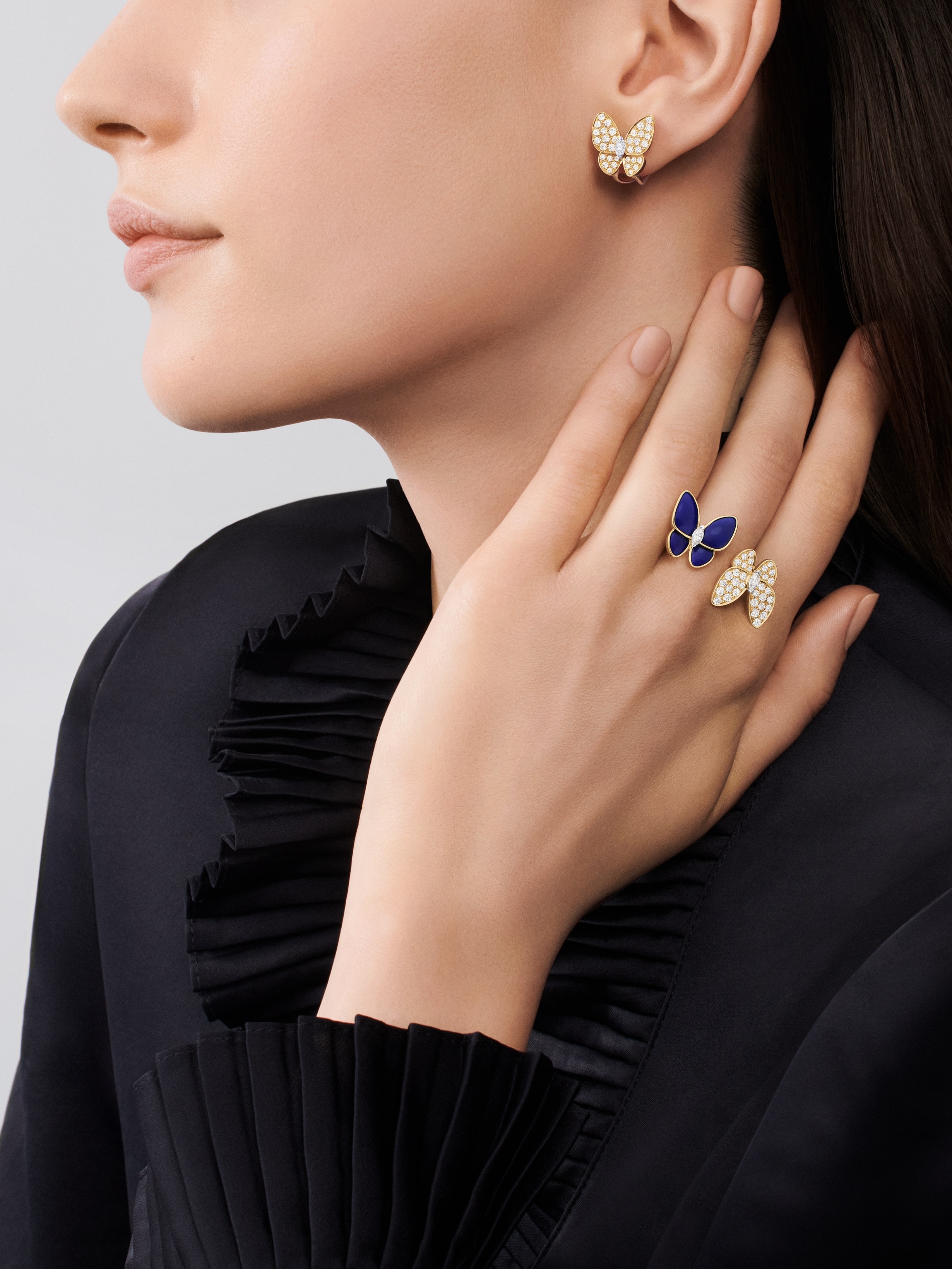 Two Butterfly earrings, 18K yellow gold, Diamond:  36 stones,  0.99 carat, Lapis Lazuli:  4 stones, Worn Alternative, Jewelry Earrings - Van Cleef & Arpels