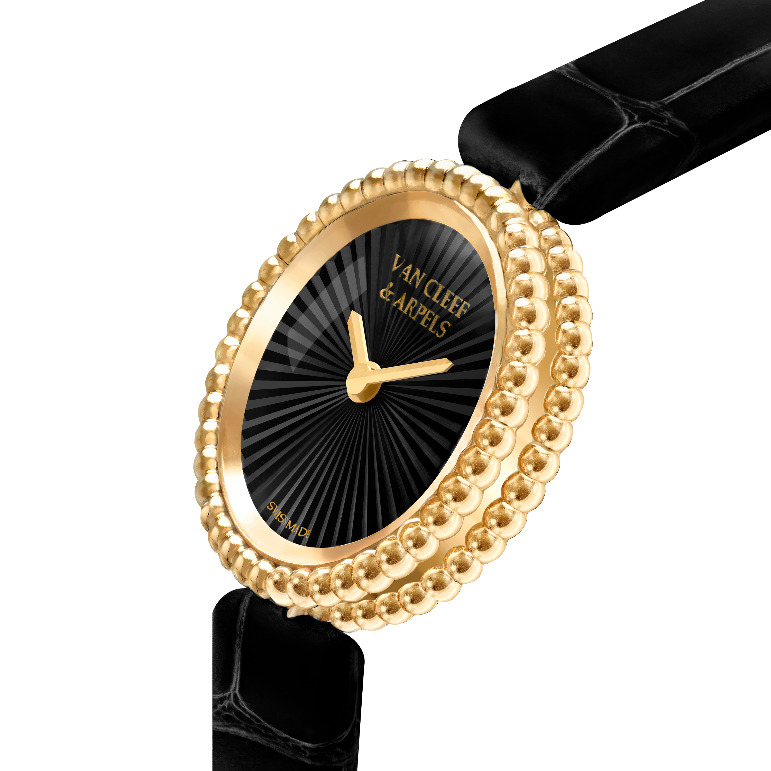 Perlée watch, 23 mm, 18K yellow gold, Onyx:  1 stone, Three Fourth, Watch - Van Cleef & Arpels