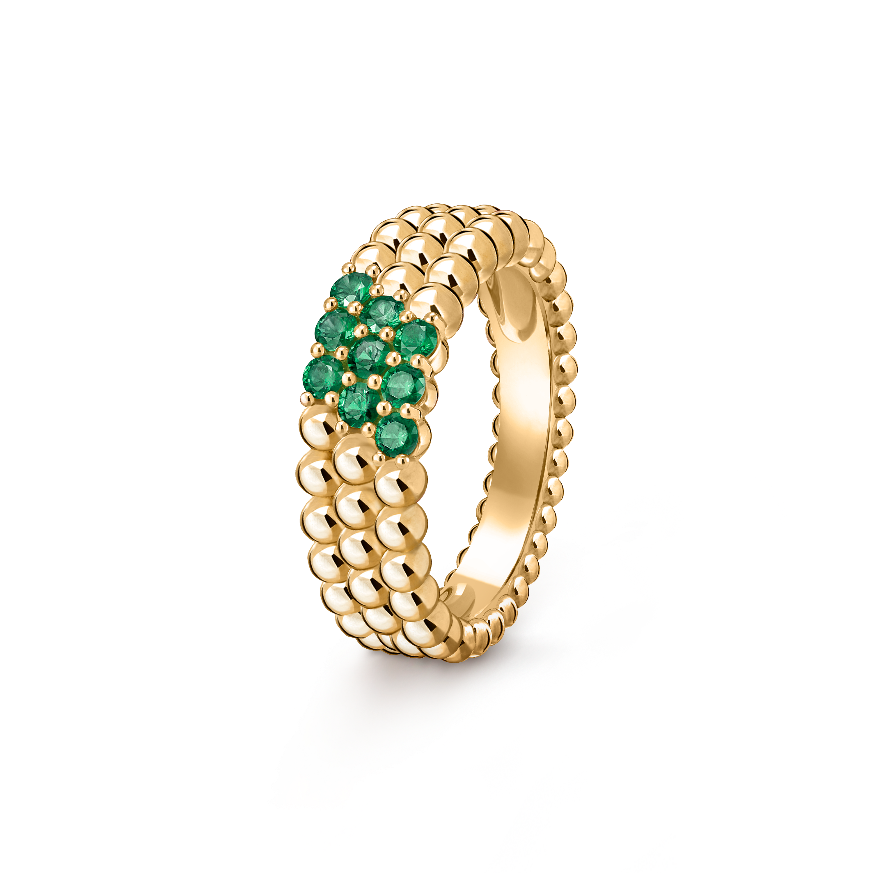 Perlée couleurs ring, 3 rows, 18K yellow gold, Emerald:  9 stones,  0.45 carat, Three Fourth, Jewelry Ring - Van Cleef & Arpels