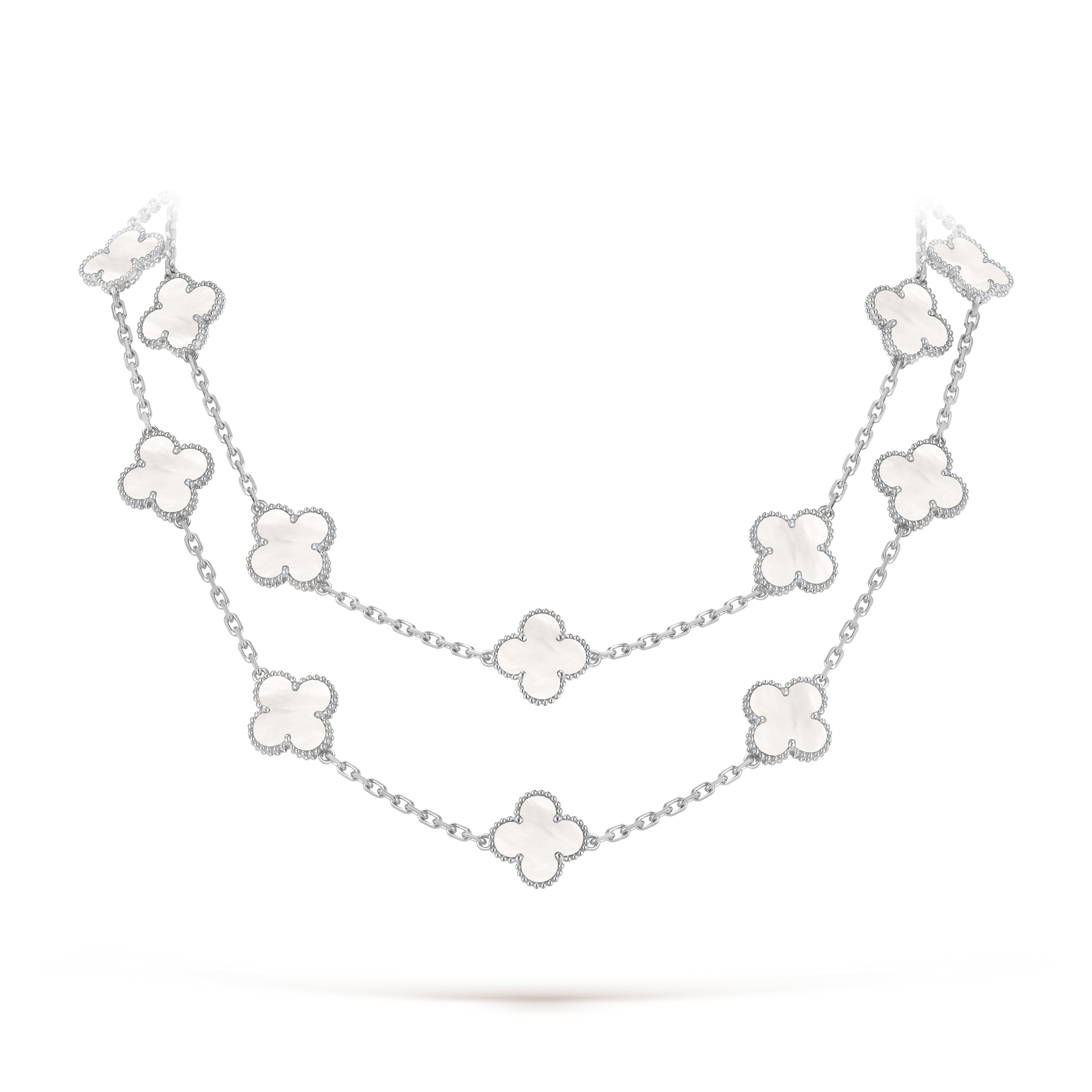 Vintage Alhambra long necklace, 20 motifs, 18K white gold, Mother-of-pearl:  20 stones, Detail, Jewelry Long Necklace - Van Cleef & Arpels