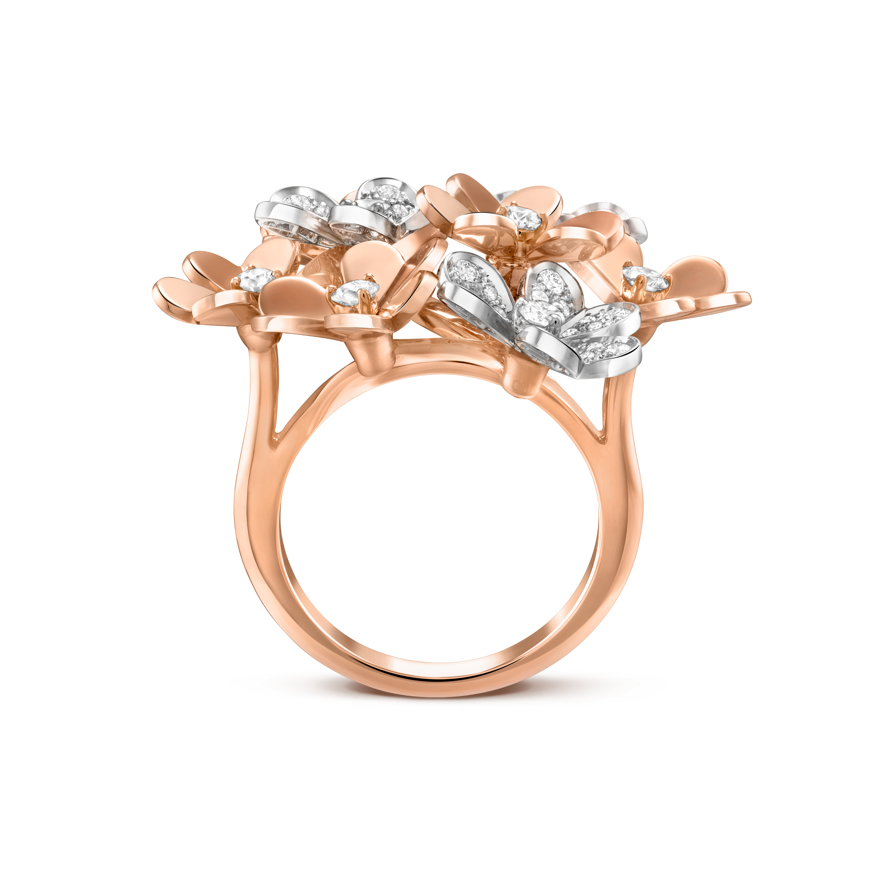 Frivole ring, 8 flowers, 18K rose gold, Diamond:  80 stones,  0.93 carat, Profile, Jewelry Ring - Van Cleef & Arpels