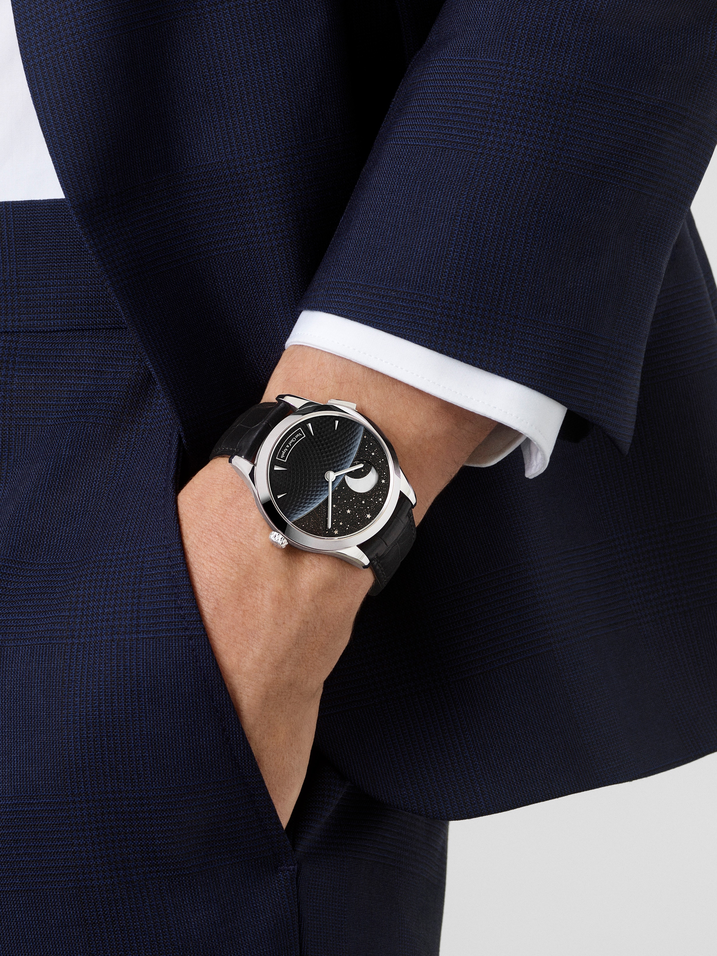 Midnight Jour Nuit Phase de Lune watch, 18K white gold, Aventurine:  2 stones, Mother-of-pearl:  2 stones, Worn Alternative, Watch - Van Cleef & Arpels