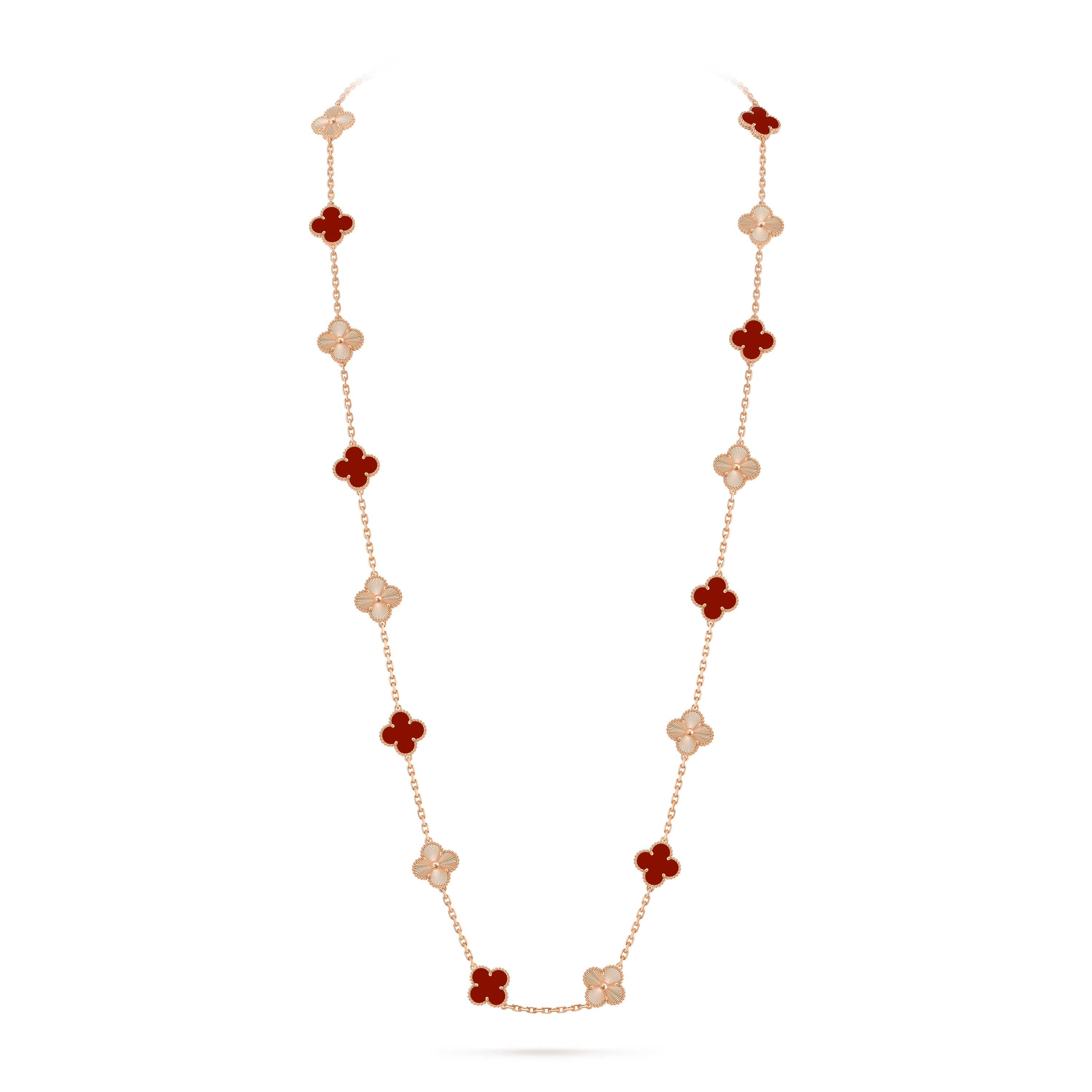 Vintage Alhambra长项链，20枚四叶幸运图案, 18K玫瑰金, 红玉髓:  10颗, On Stand, Jewelry Long Necklace_梵克雅宝_Van Cleef & Arpels