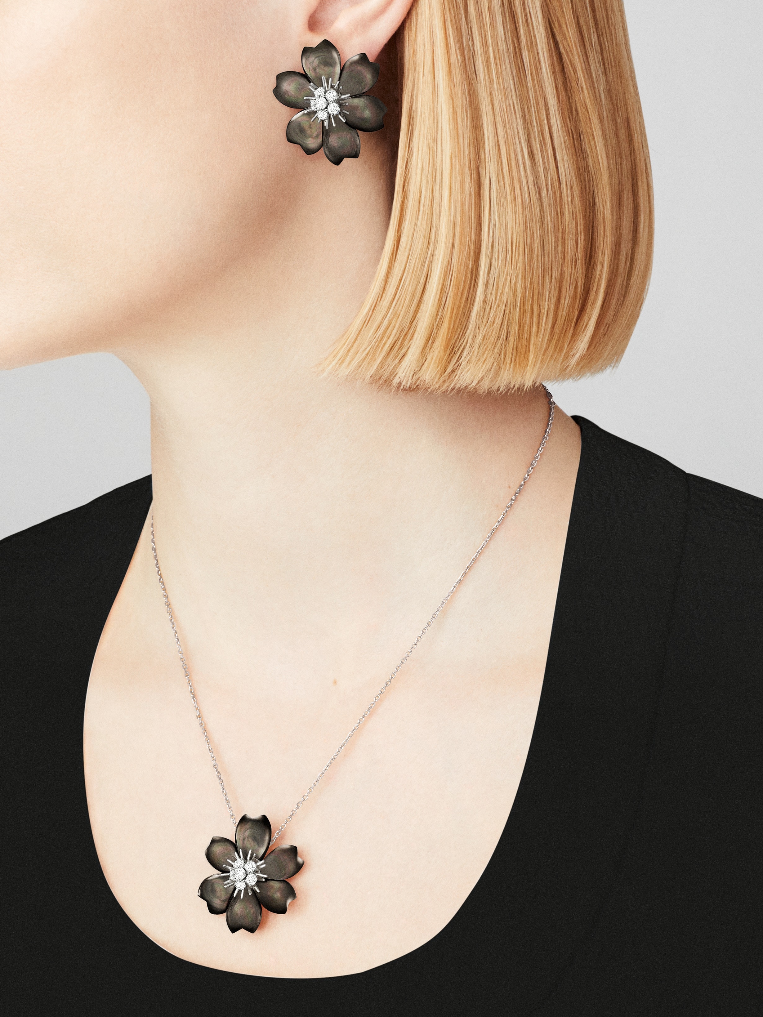 Rose de Noël earrings, small model, 18K white gold, Diamond:  12 stones,  0.97 carat, Mother-of-pearl:  12 stones, Worn Alternative, Jewelry Earrings - Van Cleef & Arpels