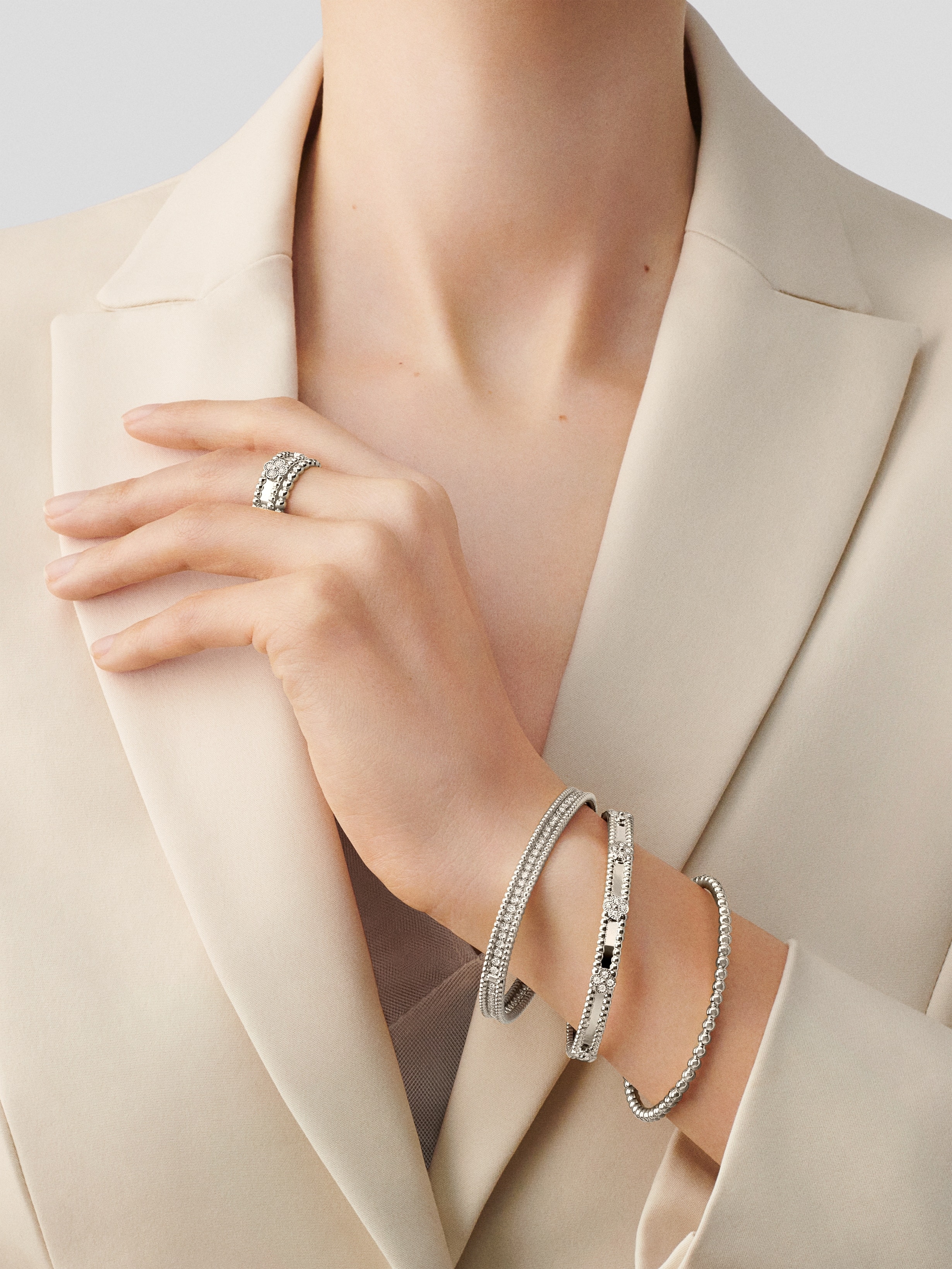 Perlée sweet clovers bracelet, extra large model, 18K white gold, Diamond:  40 stones,  0.63 carat, Worn Detail, Jewelry Bracelet - Van Cleef & Arpels