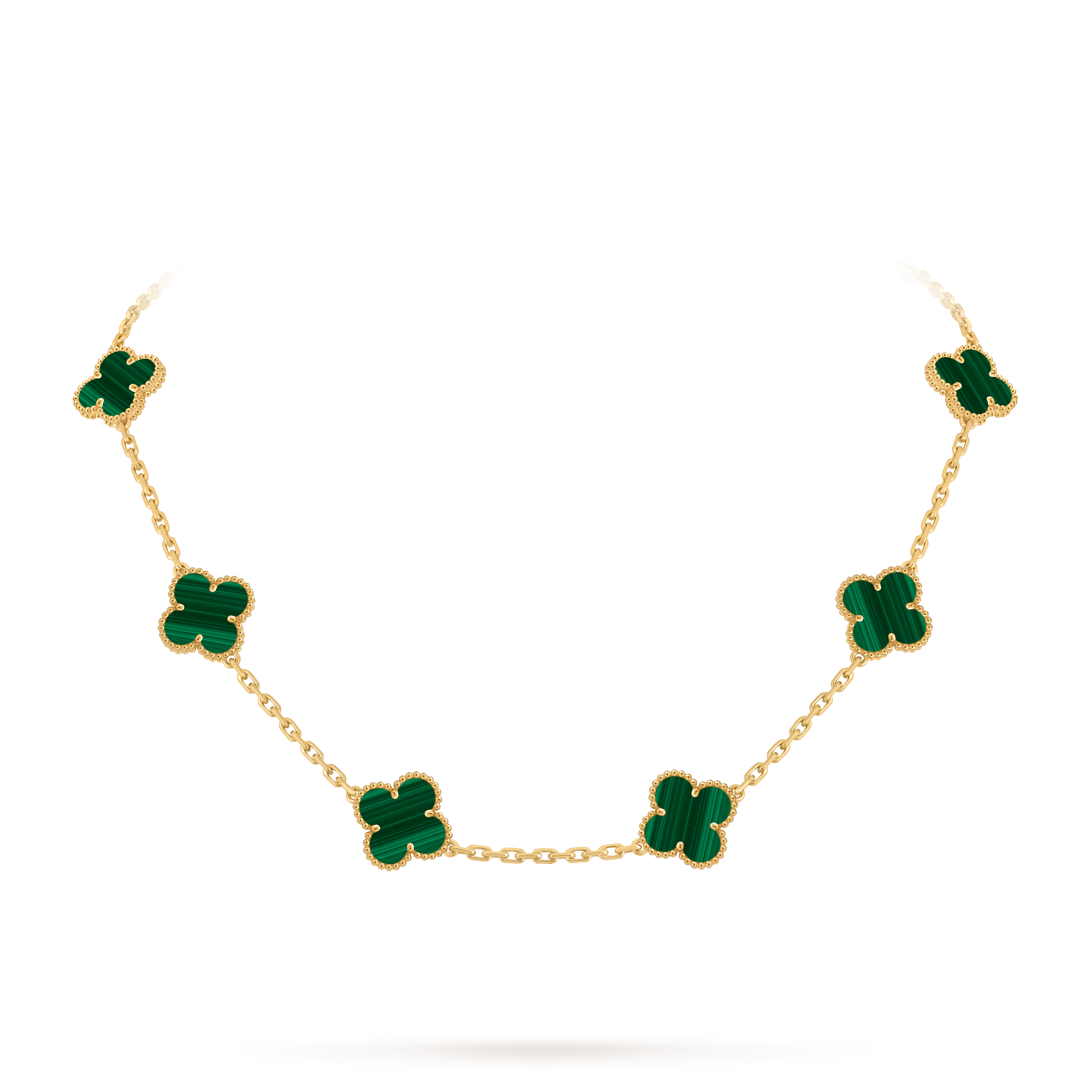 Vintage Alhambra necklace, 10 motifs, 18K yellow gold, Malachite:  10 stones, On Stand, Jewelry Necklace - Van Cleef & Arpels