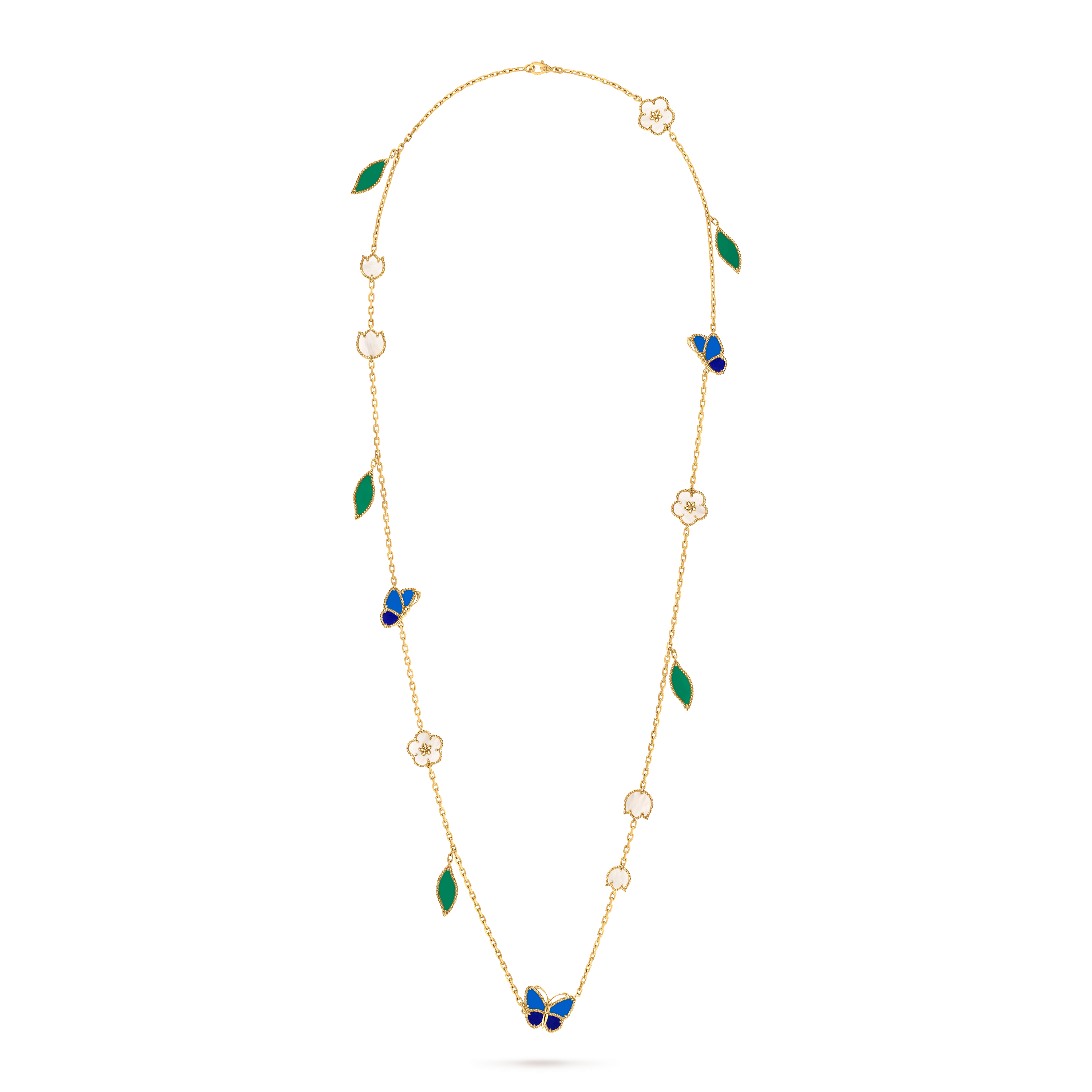Lucky Spring Butterfly长项链，15枚主题图案, 18K黄金, 玛瑙:  11颗, 珍珠母贝:  7颗, 青金石:  4颗, Front, Jewelry Long Necklace_梵克雅宝_Van Cleef & Arpels