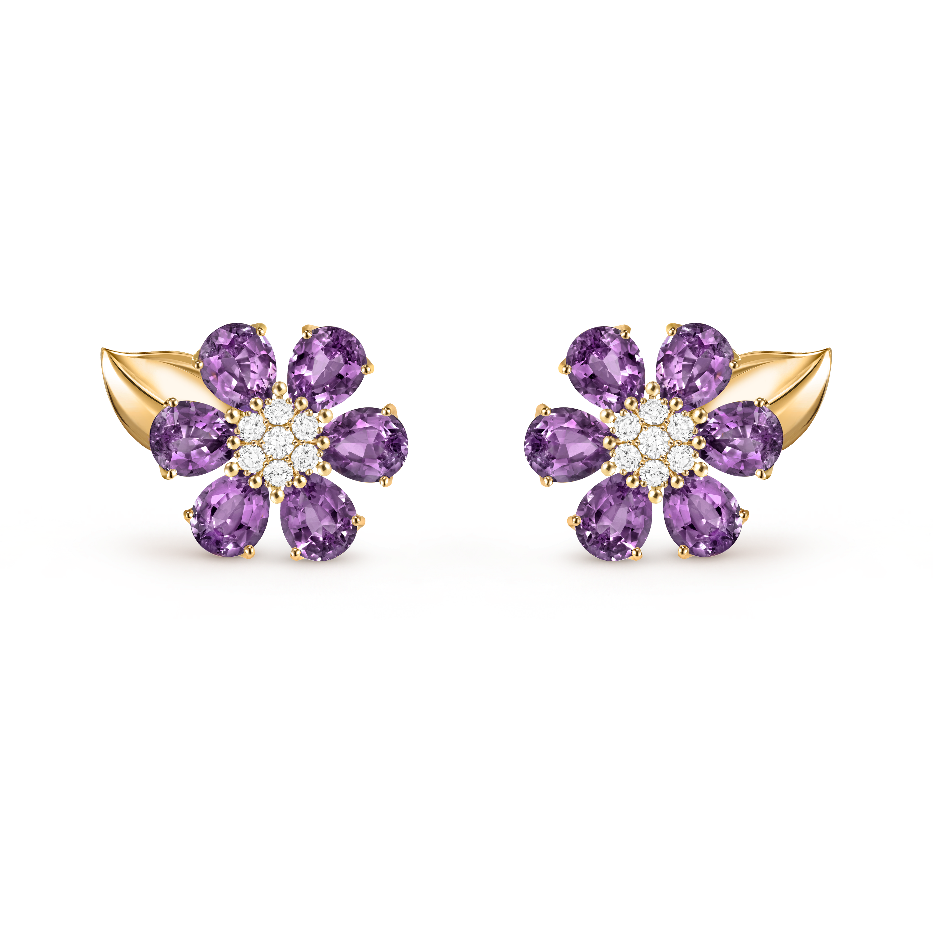Fleurs d’Hawaï earrings, 18K yellow gold, Amethyst:  12 stones,  7.2 carats, Diamond:  14 stones,  0.39 carat, Front, Jewelry Earrings - Van Cleef & Arpels