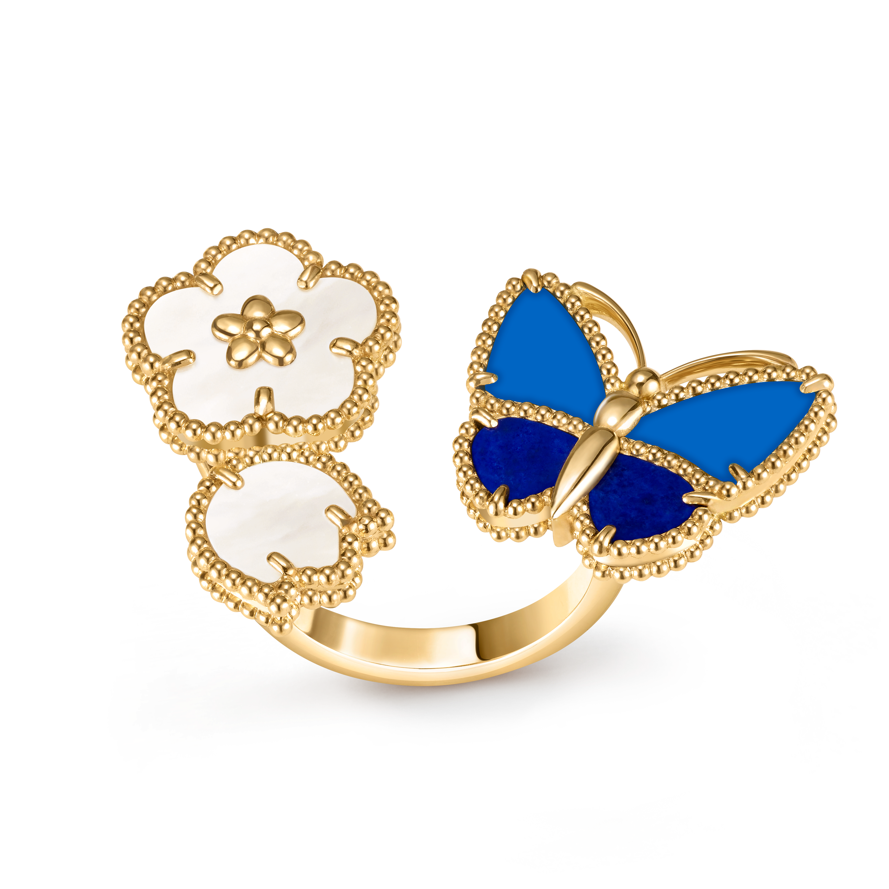 Lucky Spring Butterfly指间戒, 18K黄金, 玛瑙:  2颗, 珍珠母贝:  2颗, 青金石:  2颗, Front, Jewelry Ring_梵克雅宝_Van Cleef & Arpels