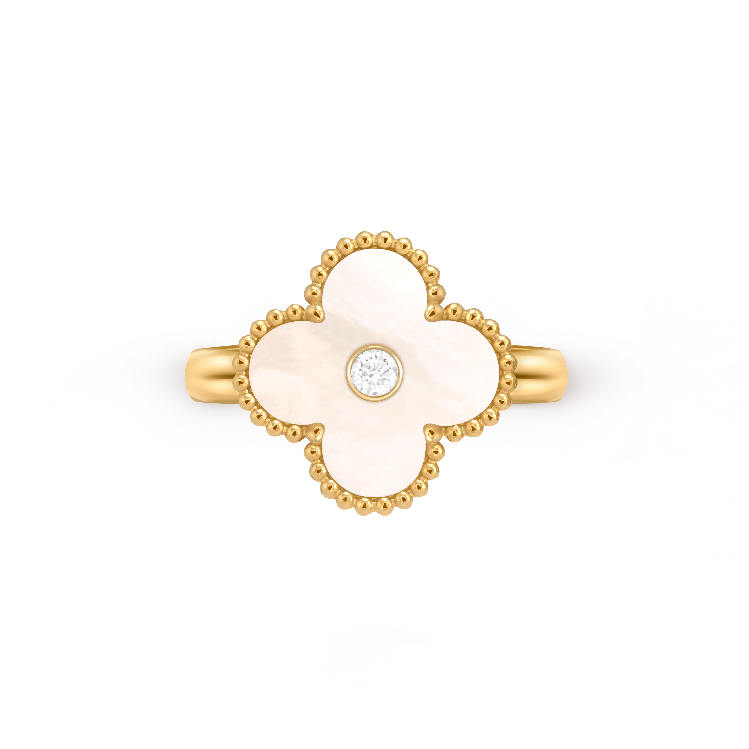 Vintage Alhambra戒指, 18K黄金, 珍珠母贝:  1 宝石, 钻石:  1 宝石,  0.05 克拉, Top, Jewelry Ring_梵克雅宝_Van Cleef & Arpels