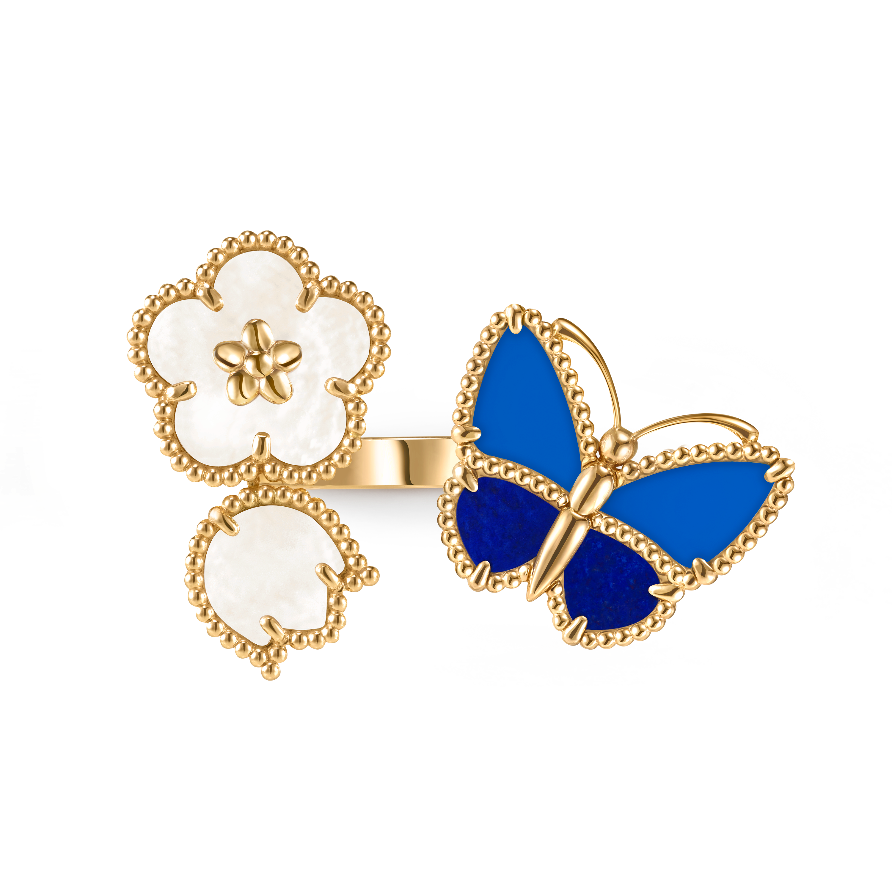 Lucky Spring Butterfly指间戒, 18K黄金, 玛瑙:  2颗, 珍珠母贝:  2颗, 青金石:  2颗, Top, Jewelry Ring_梵克雅宝_Van Cleef & Arpels