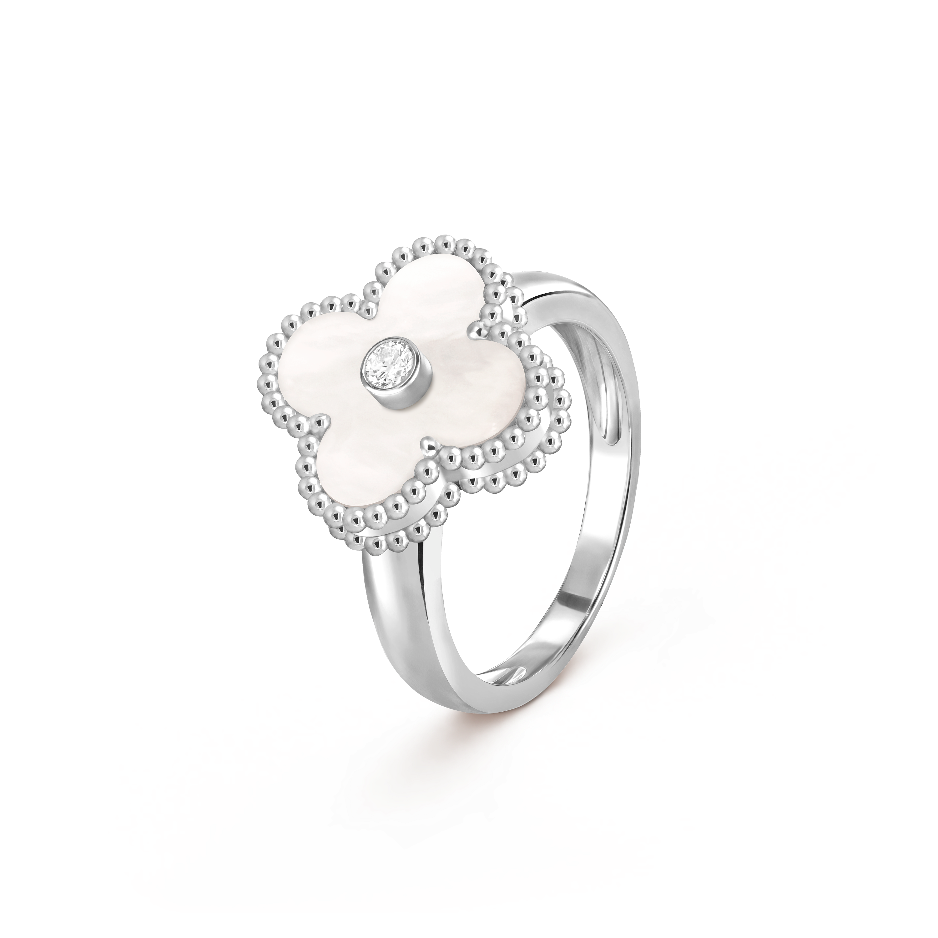 Vintage Alhambra ring, 18K white gold, Diamond:  1 stone,  0.05 carat, Mother-of-pearl:  1 stone, Three Fourth, Jewelry Ring - Van Cleef & Arpels