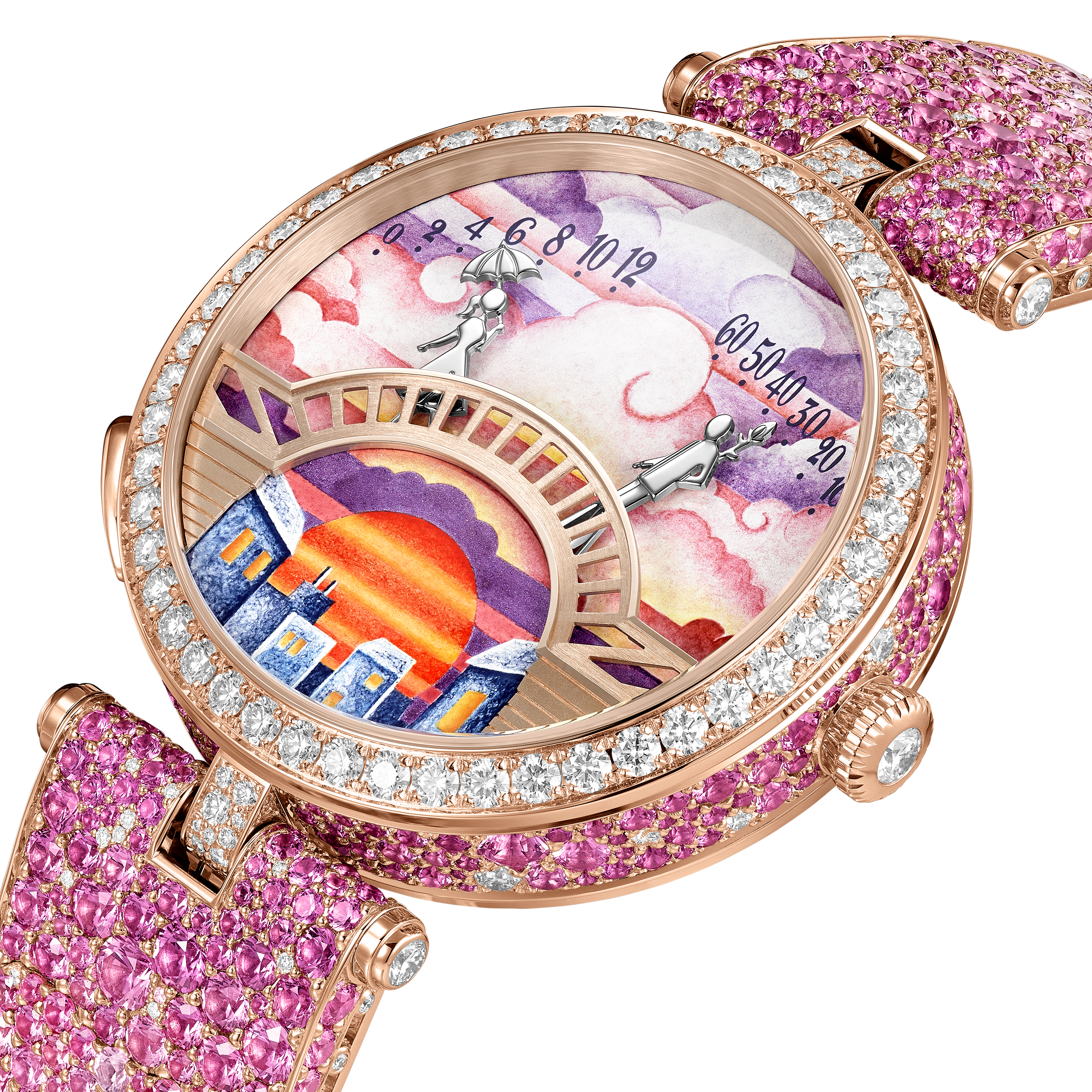 Lady Arpels Pont des Amoureux Soirée watch, 18K rose gold, Diamond:  903 stones,  11.78 carats, Sapphire:  639 stones,  18.82 carats, Detail, Watch - Van Cleef & Arpels