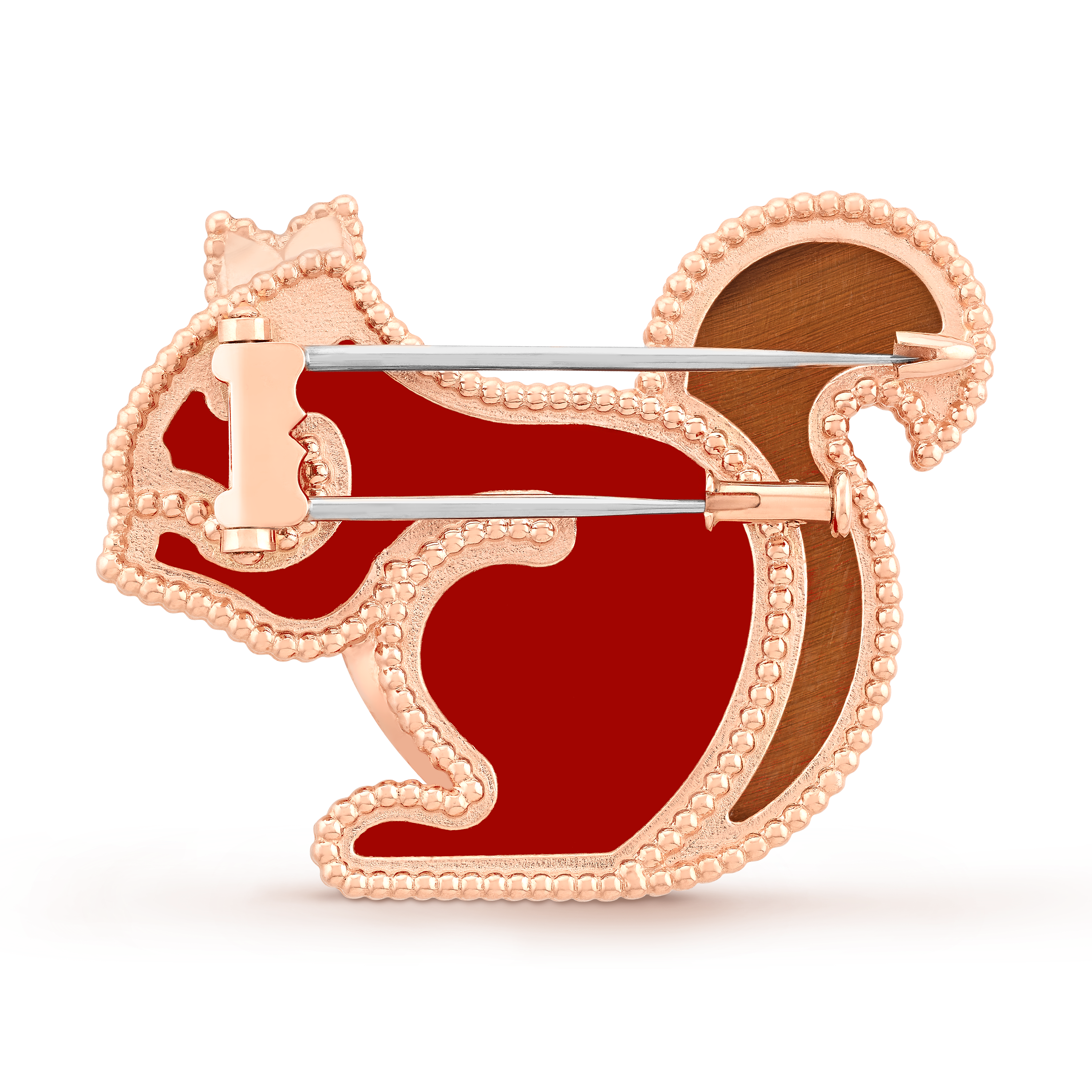 Lucky Animals Squirrel clip, 18K rose gold, Carnelian:  1 stone, Onyx:  1 stone, Tiger Eye:  1 stone, Back, Jewelry Clip - Van Cleef & Arpels