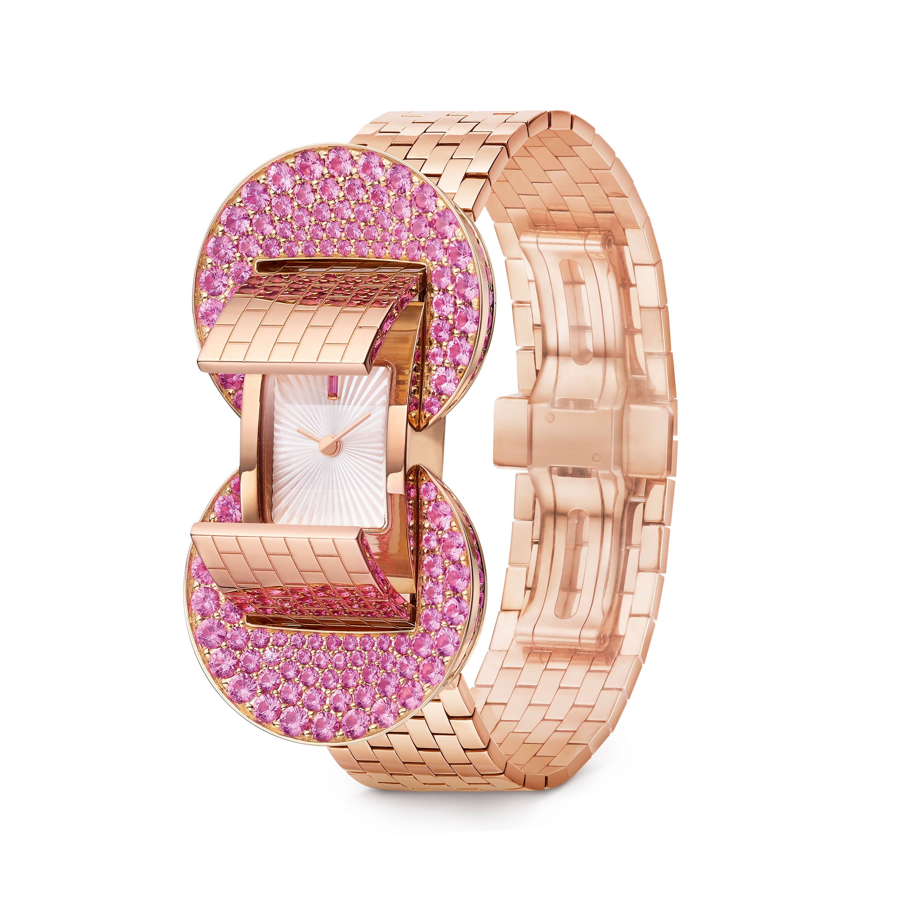 Ludo Secret watch, 18K rose gold, Mother-of-pearl:  1 stone, Sapphire:  185 stones,  5.68 carats, Three Fourth, Watch - Van Cleef & Arpels