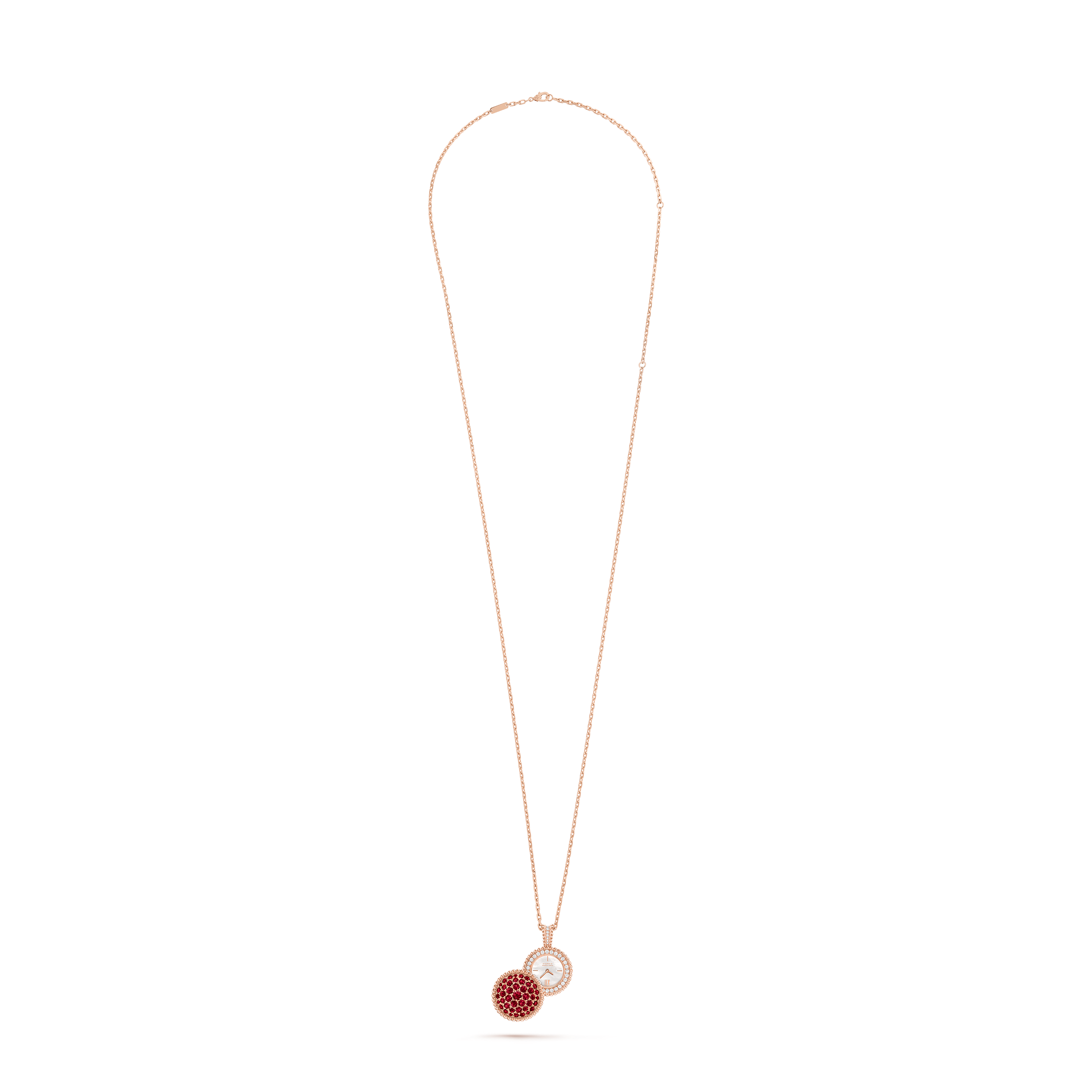 Perlée secret pendant watch, 18K rose gold, Diamond:  40 stones,  0.92 carat, Mother-of-pearl:  1 stone, Ruby:  43 stones,  5.23 carats, Open, Watch - Van Cleef & Arpels