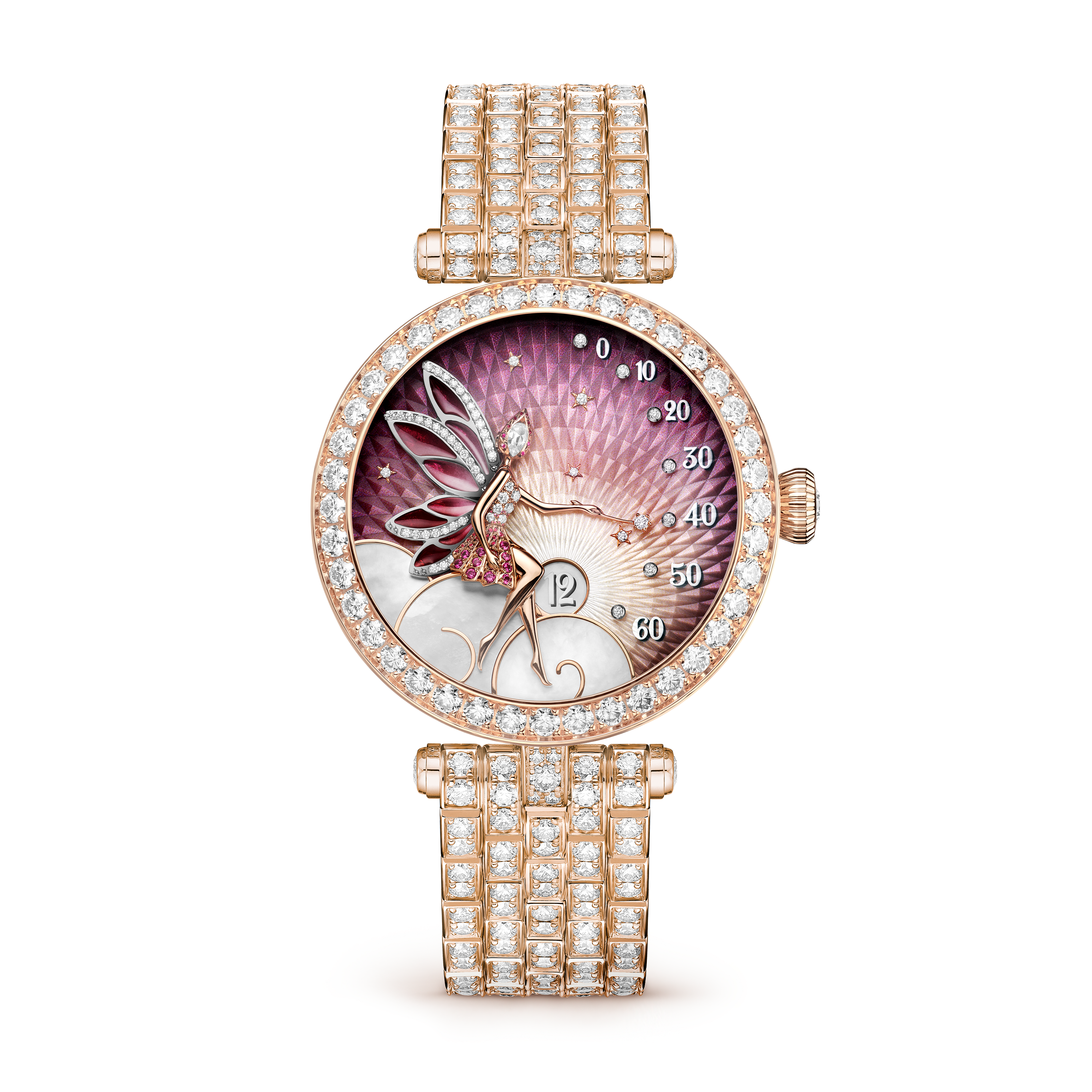 Lady Féerie Or Rose腕表, 18K玫瑰金, 珍珠母贝:  2颗, 蓝宝石:  12颗,  0.01 克拉, 钻石:  640颗,  14.68 克拉, Front Alternative, Watch_梵克雅宝_Van Cleef & Arpels