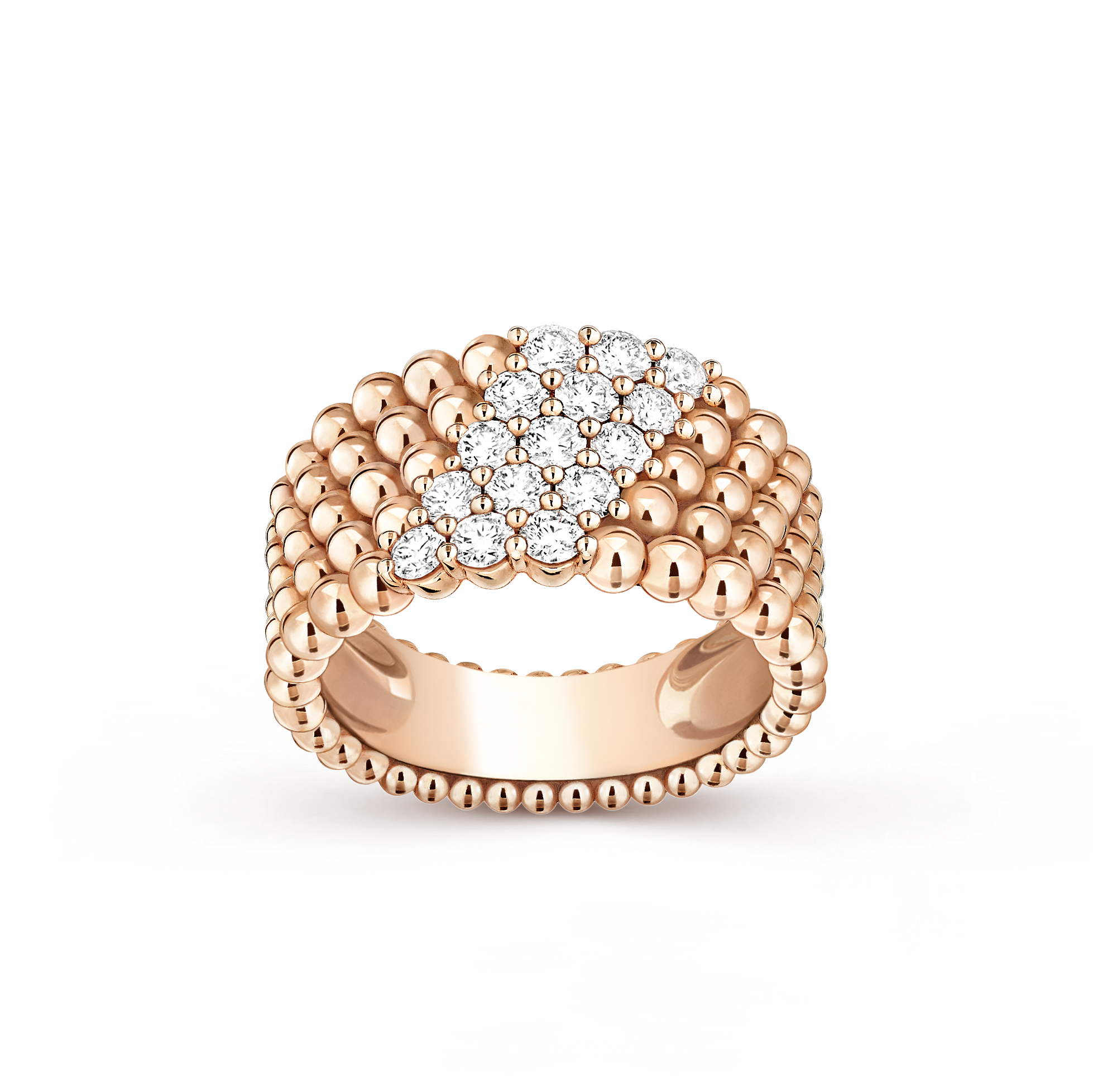 Perlée diamonds ring, 5 rows, 18K rose gold, Diamond:  15 stones,  0.76 carat, Front, Jewelry Ring - Van Cleef & Arpels