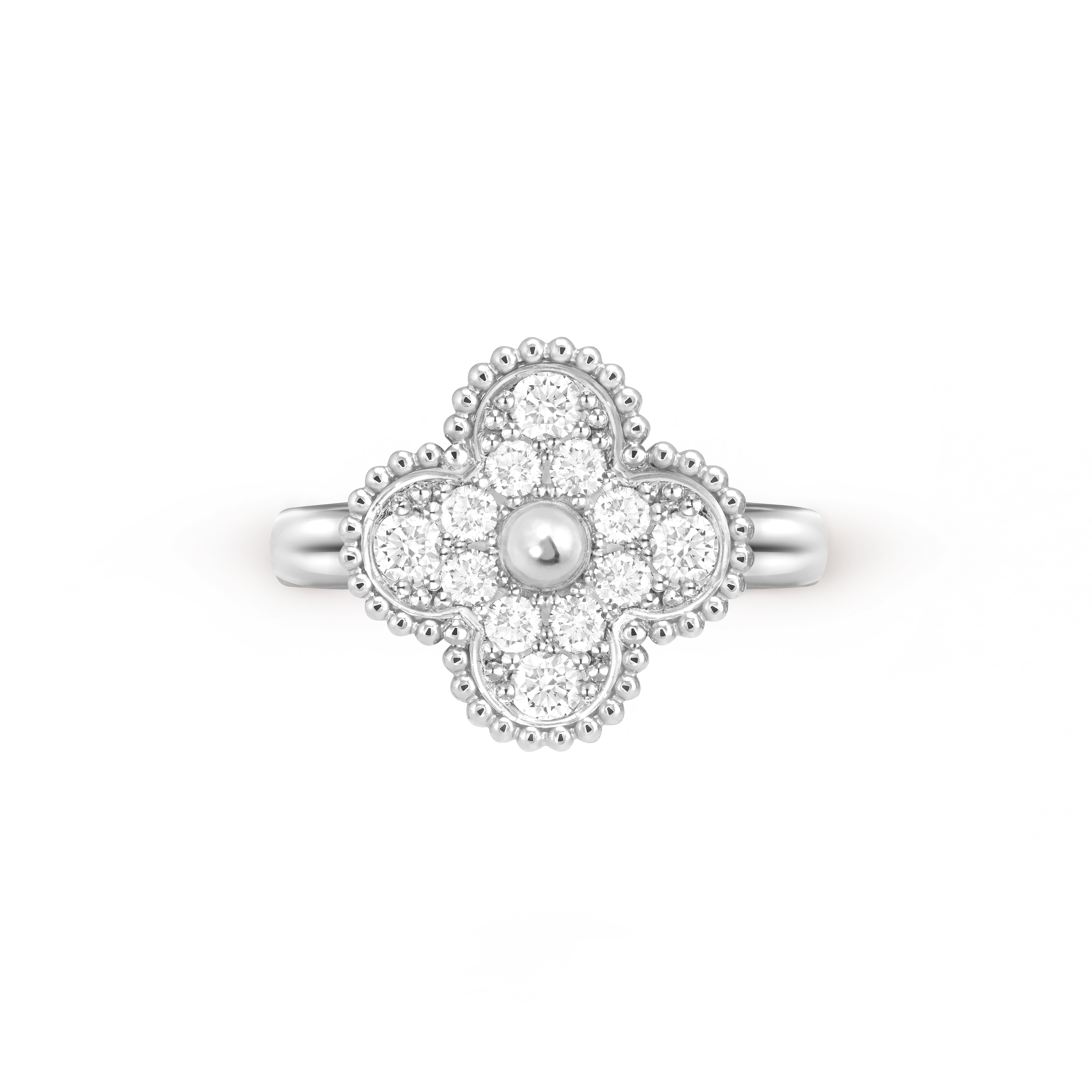 Vintage Alhambra ring, 18K white gold, Diamond:  12 stones,  0.48 carat, Top, Jewelry Ring - Van Cleef & Arpels