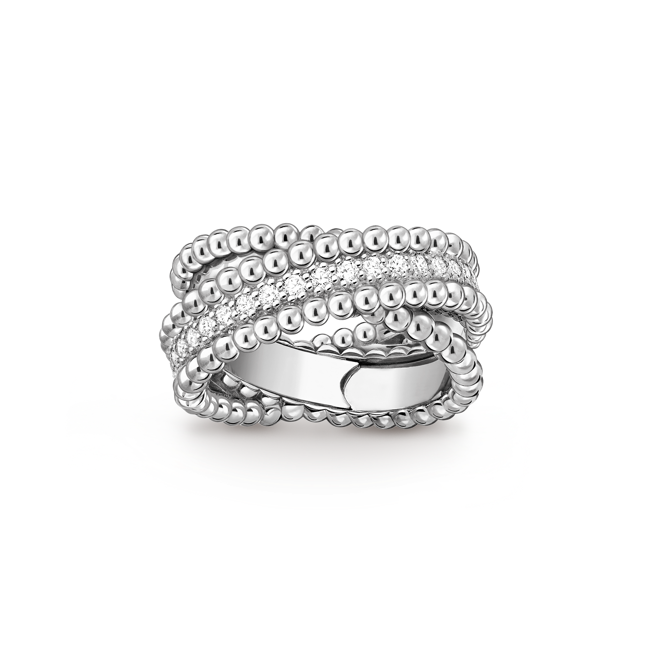 Perlée diamonds duo ring, 18K white gold, Diamond:  36 stones,  0.66 carat, Front, Jewelry Ring - Van Cleef & Arpels