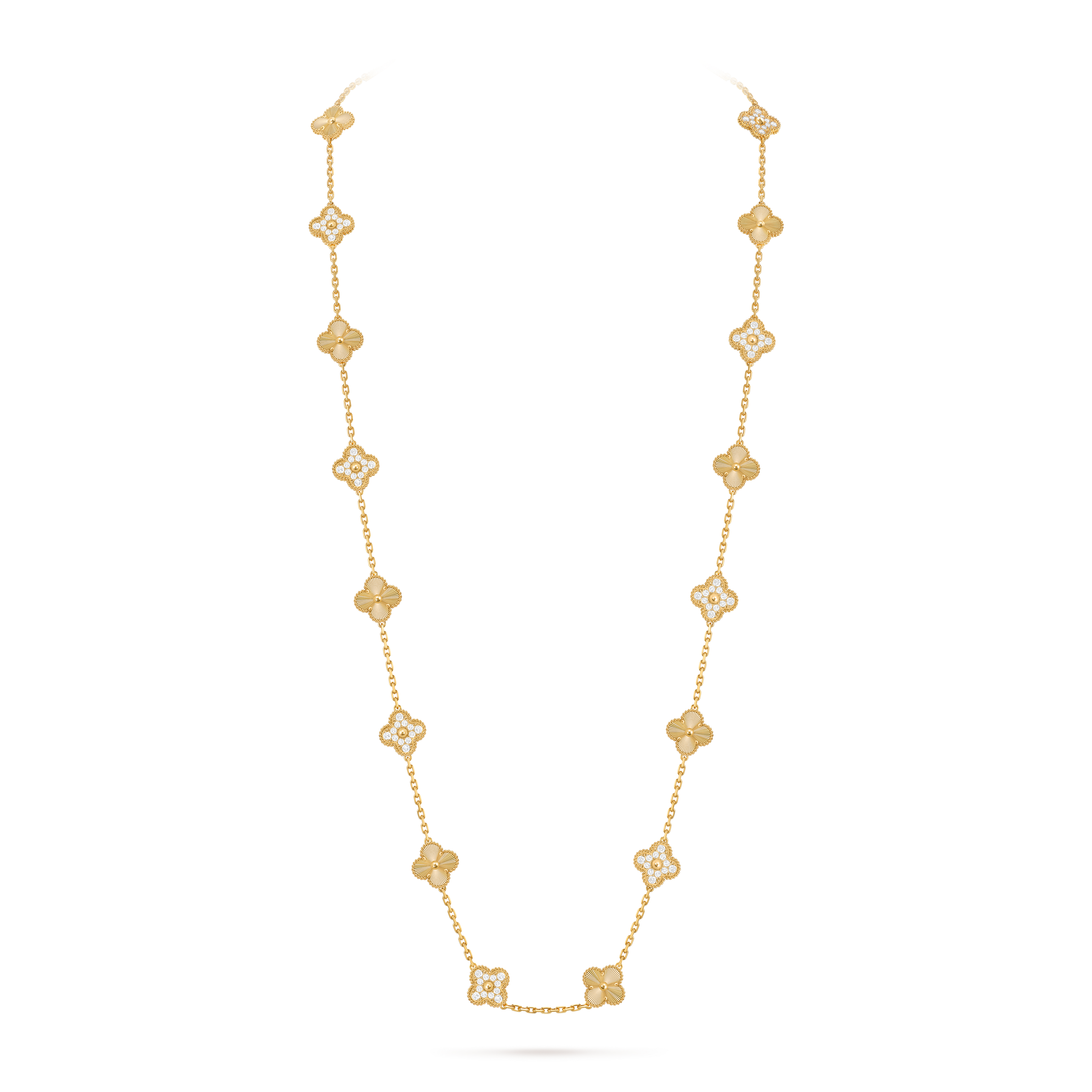 Vintage Alhambra长项链，20枚四叶幸运图案, 18K黄金, 钻石:  120颗,  4.83 克拉, On Stand, Jewelry Long Necklace_梵克雅宝_Van Cleef & Arpels