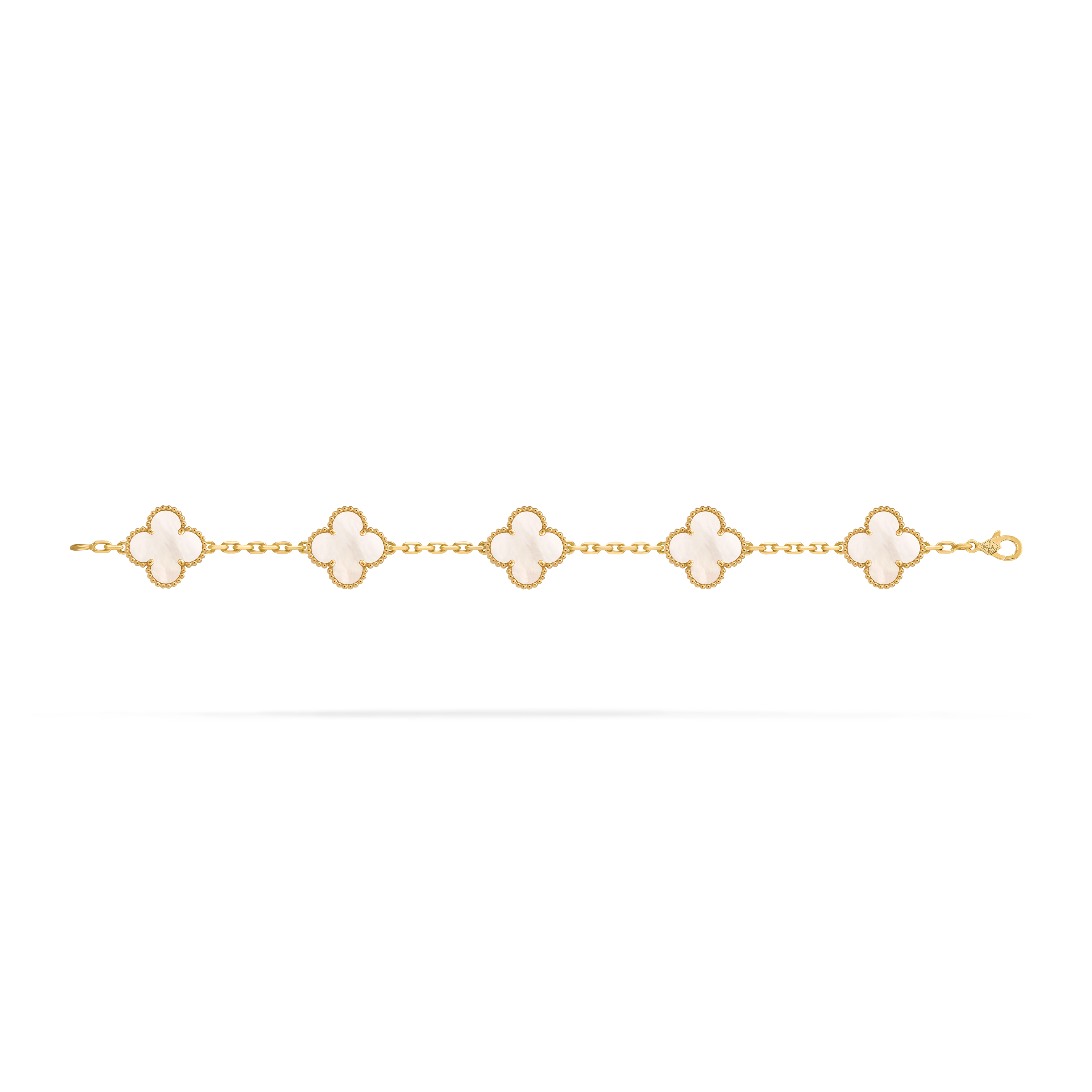 Vintage Alhambra bracelet, 5 motifs, 18K yellow gold, Mother-of-pearl:  5 stones, Open, Jewelry Bracelet - Van Cleef & Arpels
