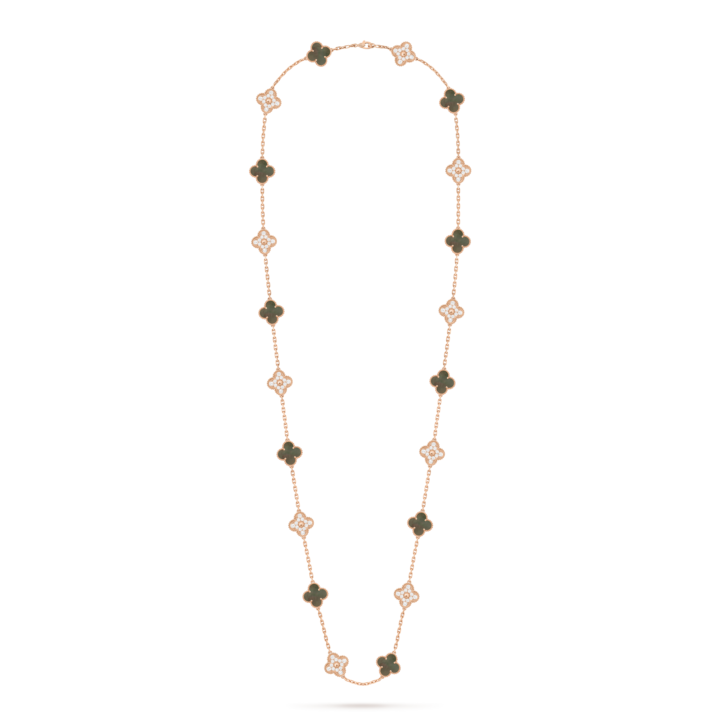 Vintage Alhambra长项链，20枚四叶幸运图案, 18K玫瑰金, 珍珠母贝:  10颗, 钻石:  120颗,  4.83 克拉, Front, Jewelry Long Necklace_梵克雅宝_Van Cleef & Arpels