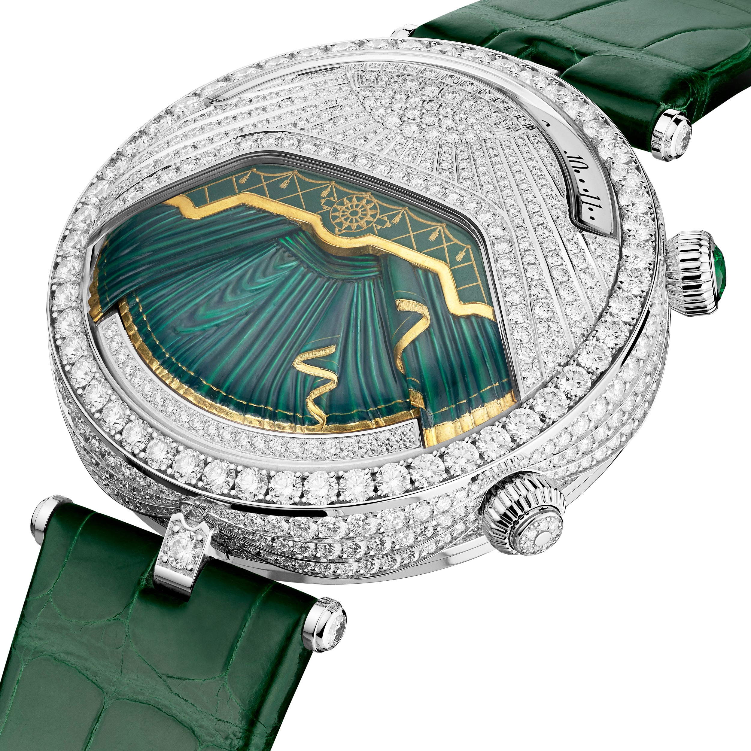 Lady Arpels Ballerine Musicale Emeraude watch, 18K white gold, Diamond:  733 stones,  7.52 carats, Emerald:  1 stone,  0.16 carat, Three Fourth Alternative, Watch - Van Cleef & Arpels