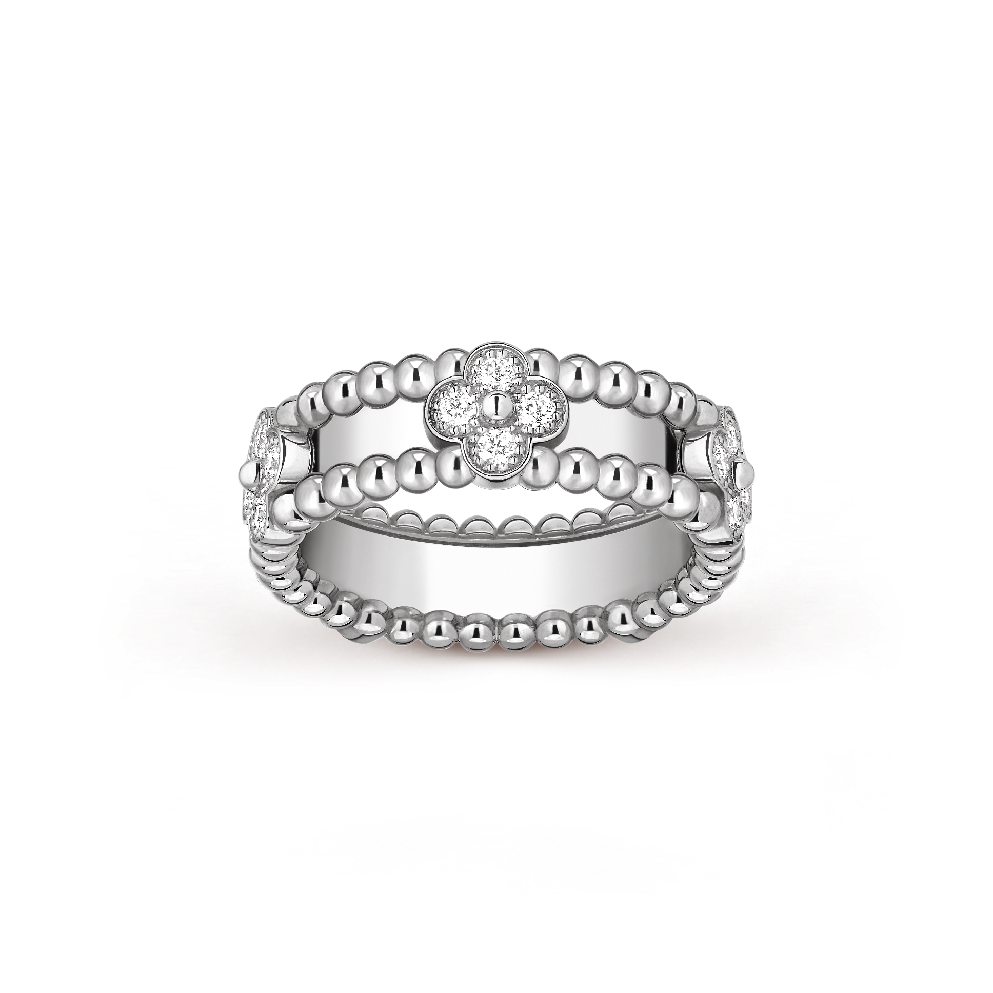 Perlée sweet clovers戒指, 18K白金, 钻石:  20颗,  0.34 克拉, Front, Jewelry Ring_梵克雅宝_Van Cleef & Arpels
