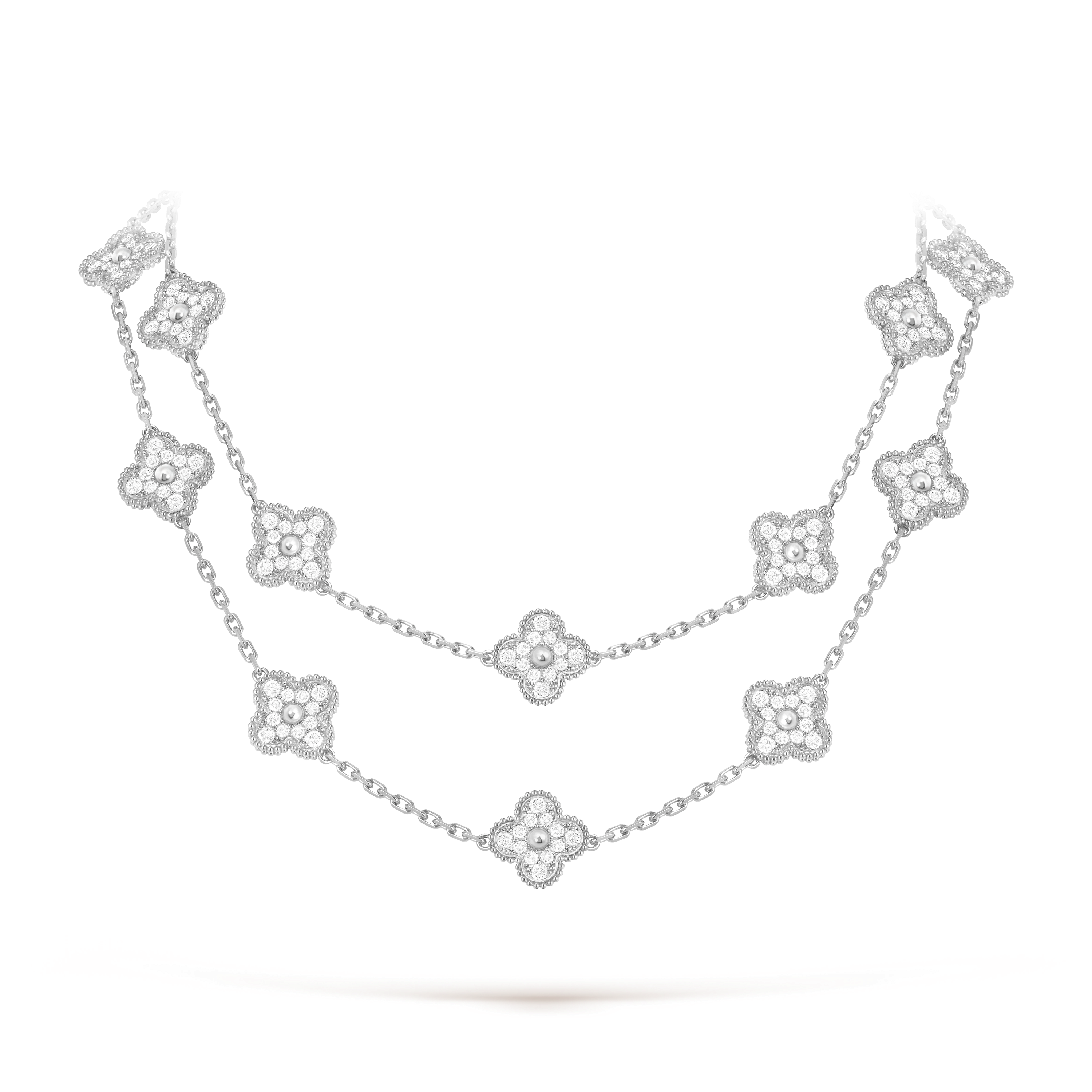 Vintage Alhambra long necklace, 20 motifs, 18K white gold, Diamond:  240 stones,  9.66 carats, Detail, Jewelry Long Necklace - Van Cleef & Arpels
