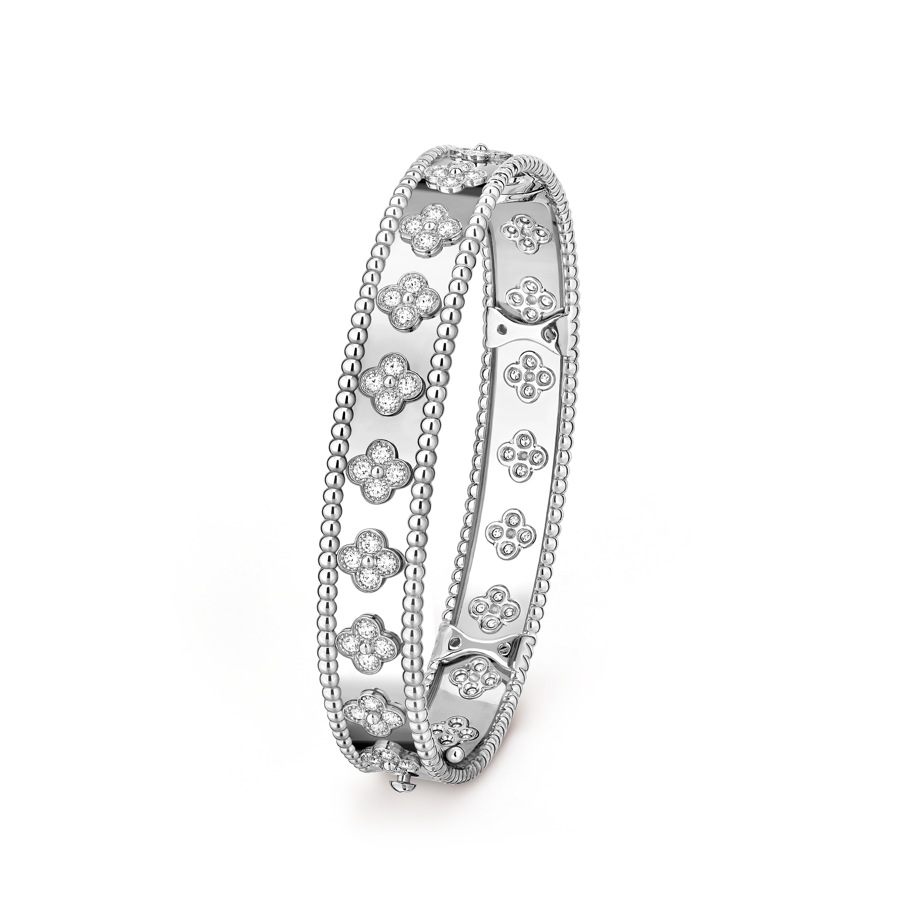 Perlée clovers手镯，中号款式, 18K白金, 钻石:  80颗,  1.78 克拉, Three Fourth, Jewelry Bracelet_梵克雅宝_Van Cleef & Arpels