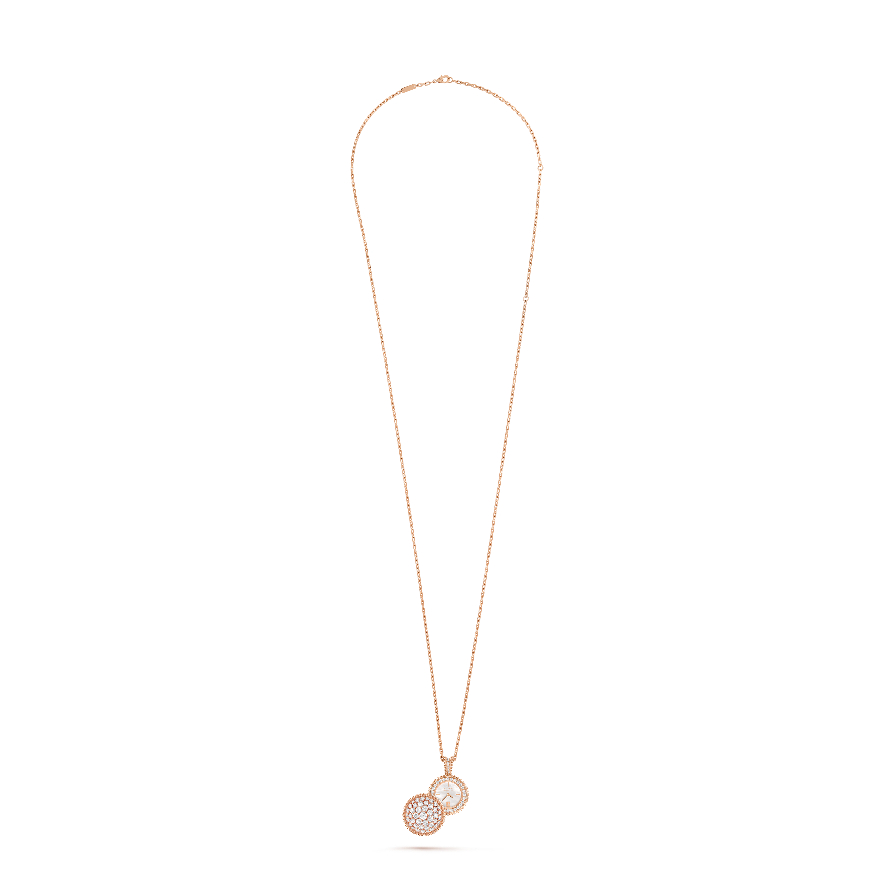 Perlée pendant watch, 18K rose gold, Diamond:  83 stones,  4.84 carats, Mother-of-pearl:  1 stone, Open, Watch - Van Cleef & Arpels