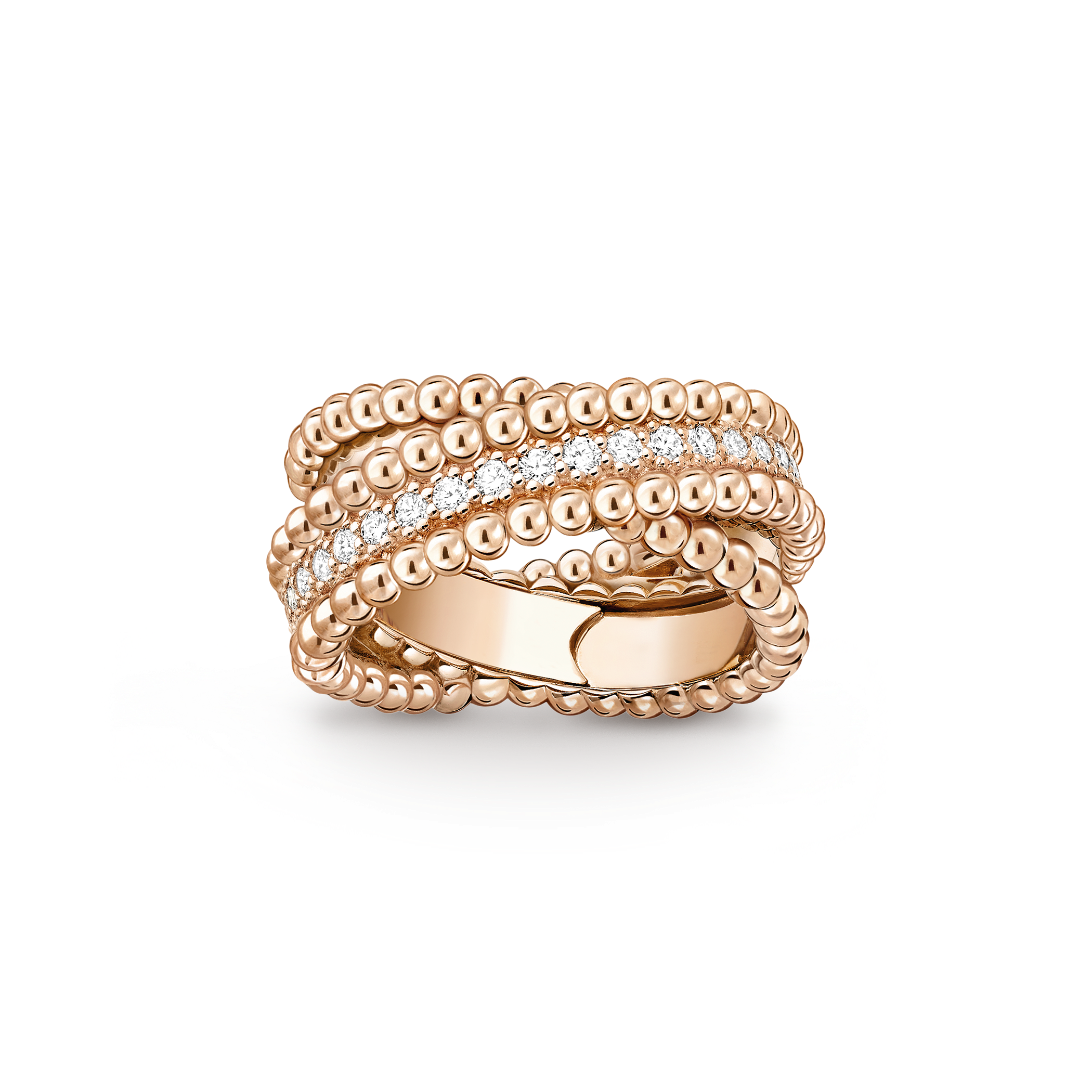 Perlée diamonds duo ring, 18K rose gold, Diamond:  36 stones,  0.66 carat, Front, Jewelry Ring - Van Cleef & Arpels