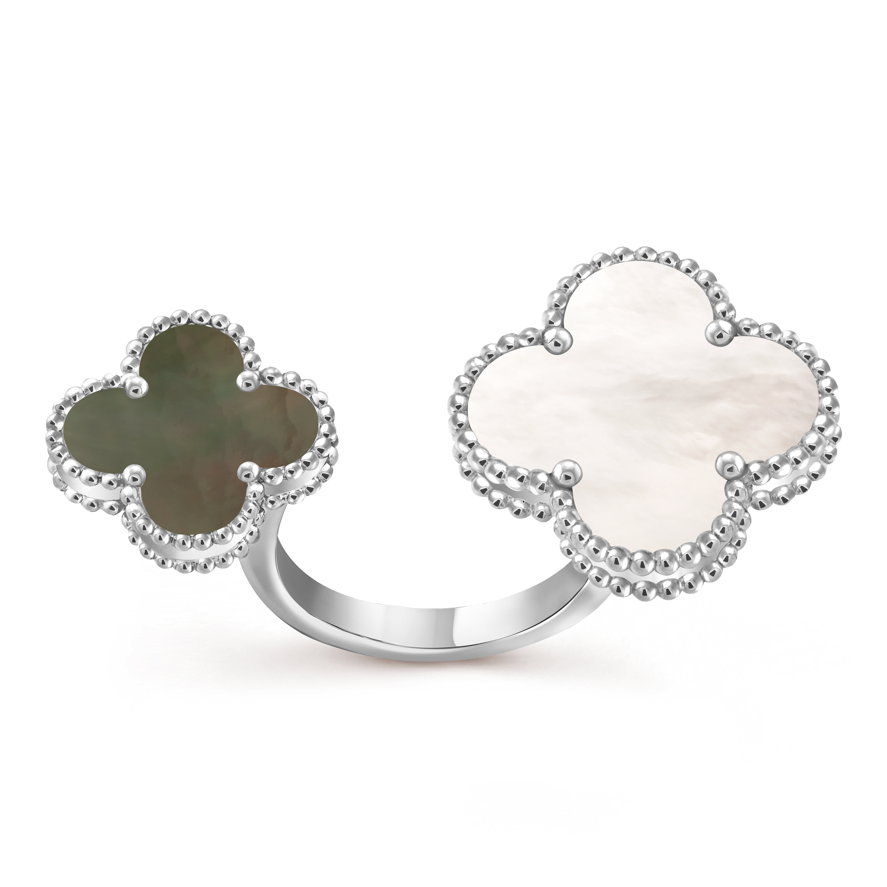 Magic Alhambra Between the Finger ring, 18K white gold, Mother-of-pearl:  2 stones, Front, Jewelry Ring - Van Cleef & Arpels