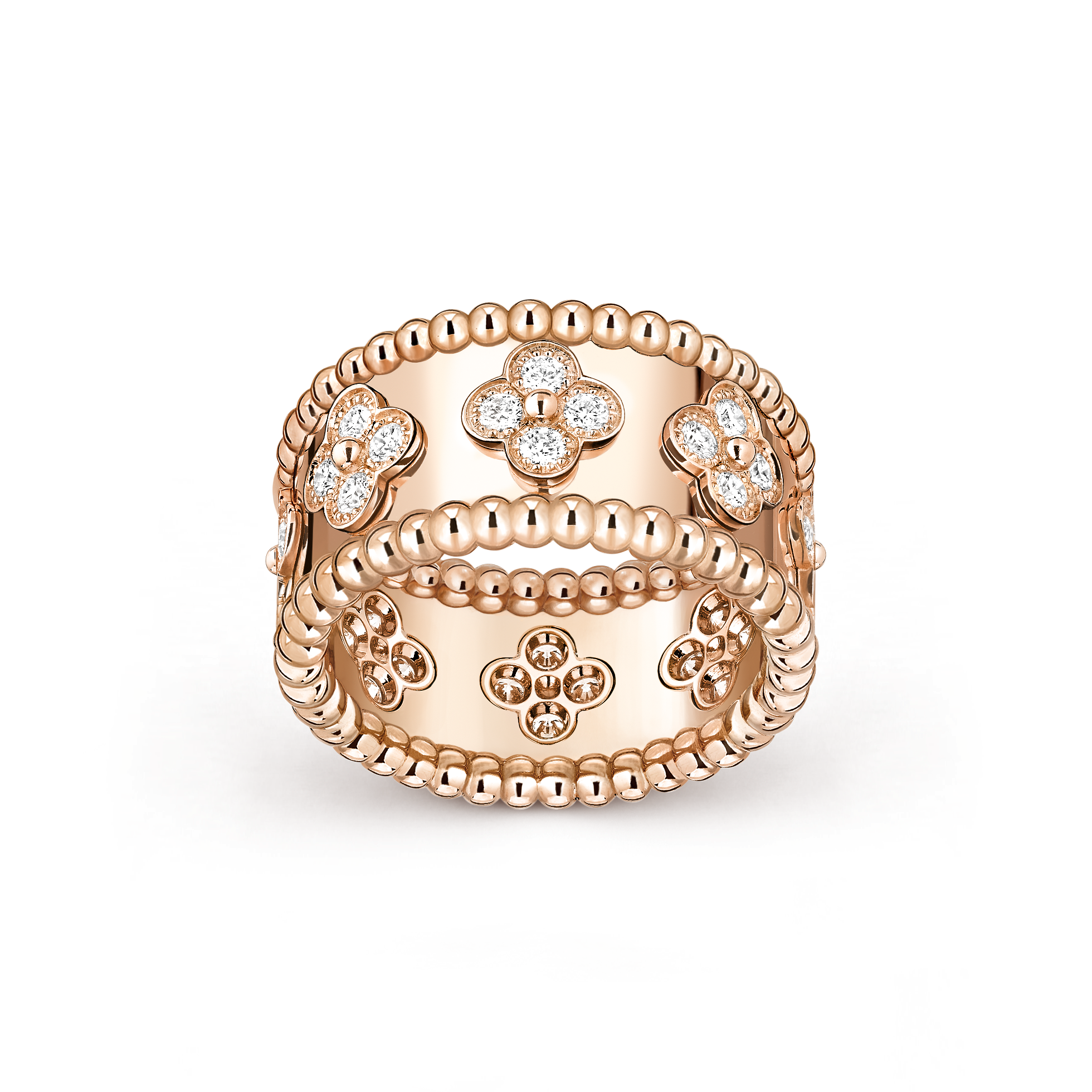 Perlée clovers ring, medium model, 18K rose gold, Diamond:  32 stones,  0.71 carat, Front, Jewelry Ring - Van Cleef & Arpels