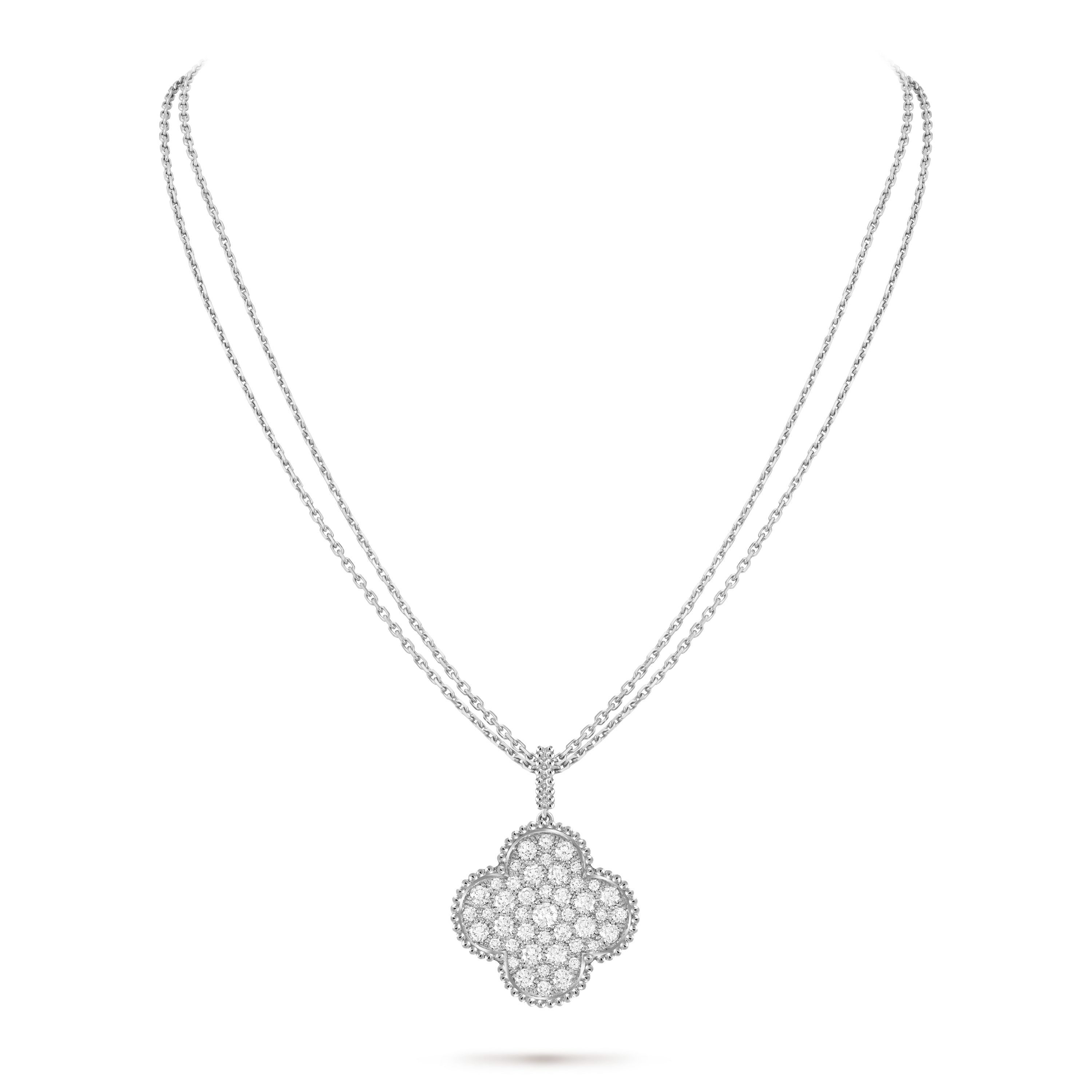 Magic Alhambra long necklace, 1 motif, 18K white gold, Diamond:  60 stones,  2.55 carats, Detail, Jewelry Long Necklace - Van Cleef & Arpels