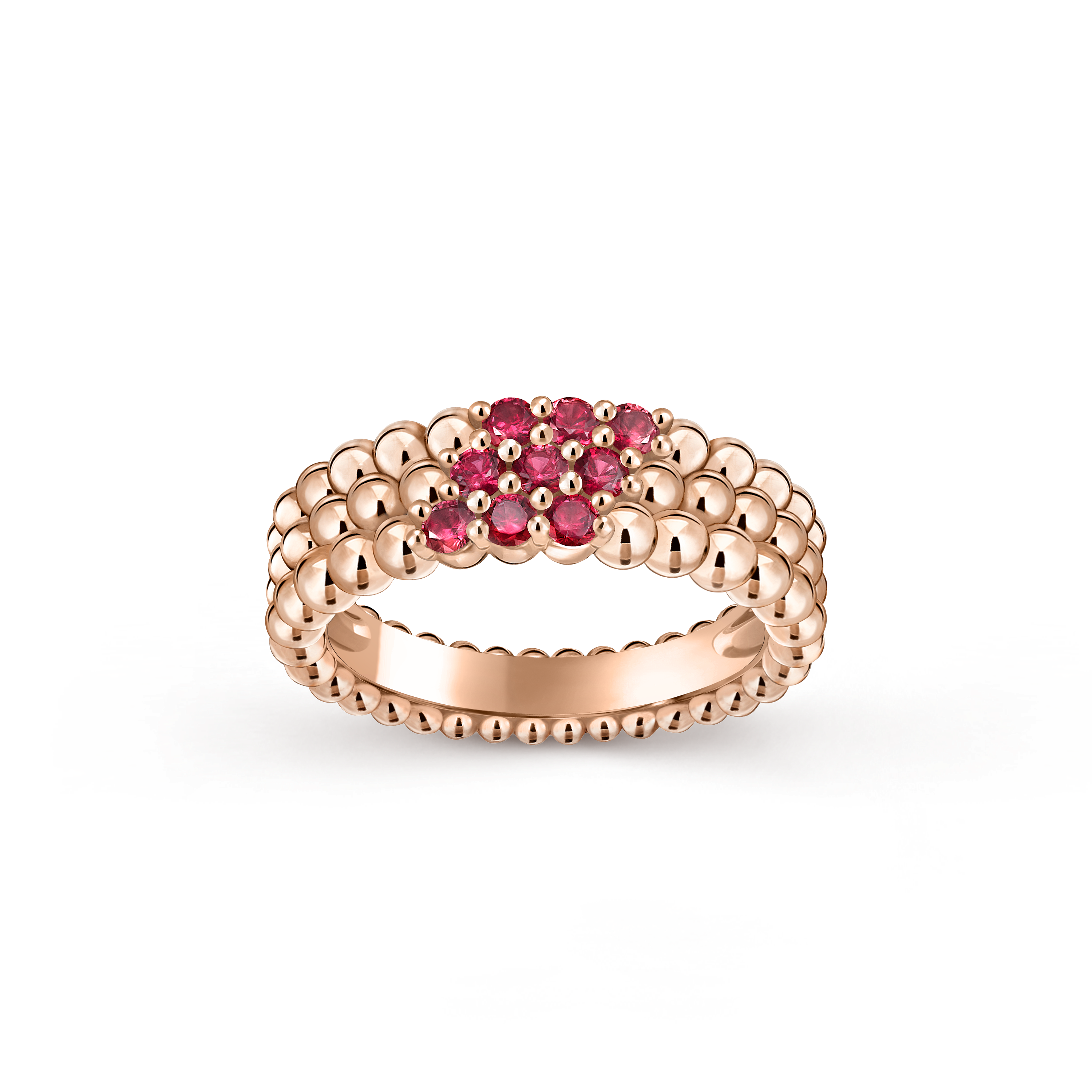Perlée couleurs ring, 3 rows, 18K rose gold, Ruby:  9 stones,  0.41 carat, Front, Jewelry Ring - Van Cleef & Arpels