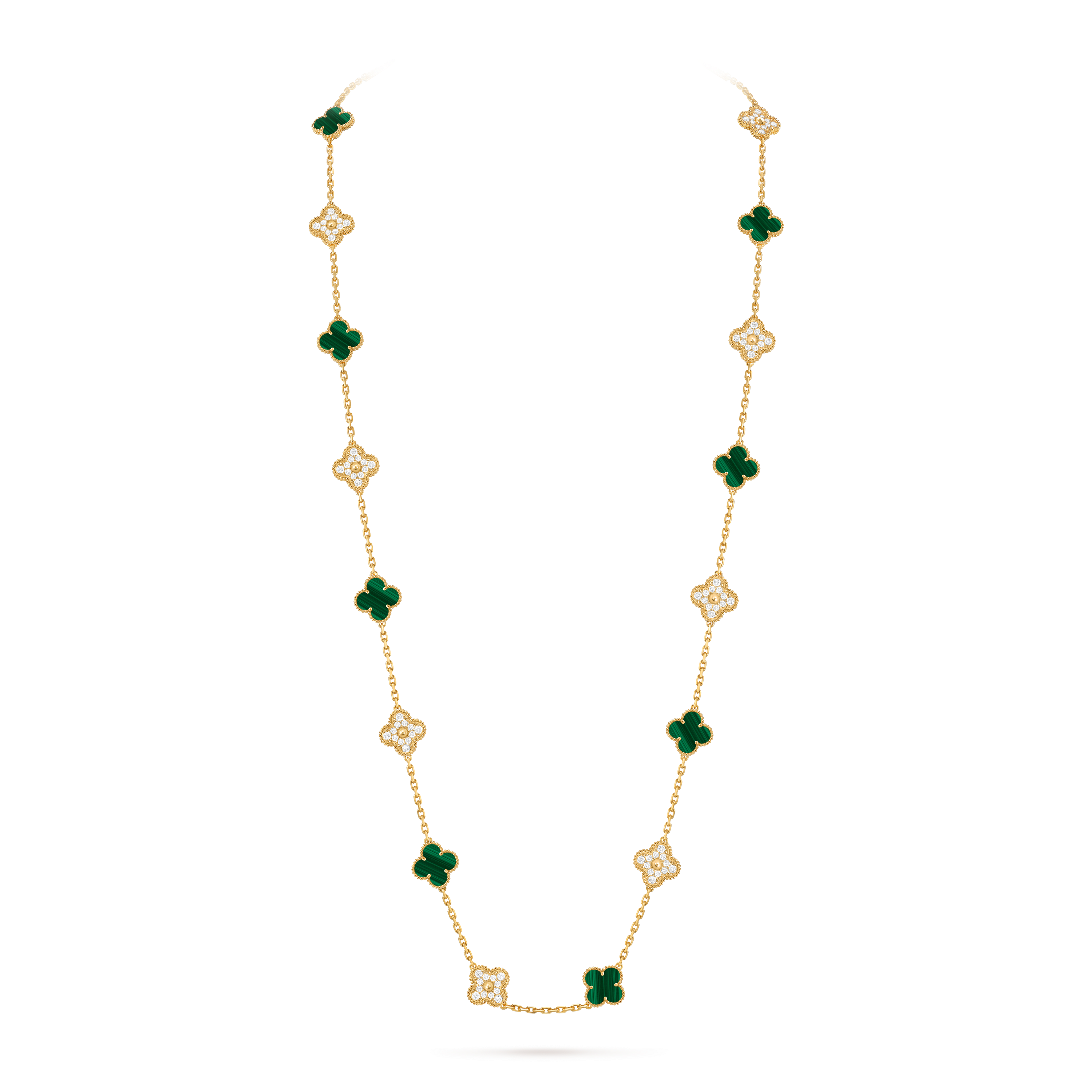Vintage Alhambra长项链，20枚四叶幸运图案, 18K黄金, 孔雀石:  10颗, 钻石:  120颗,  4.83 克拉, On Stand, Jewelry Long Necklace_梵克雅宝_Van Cleef & Arpels
