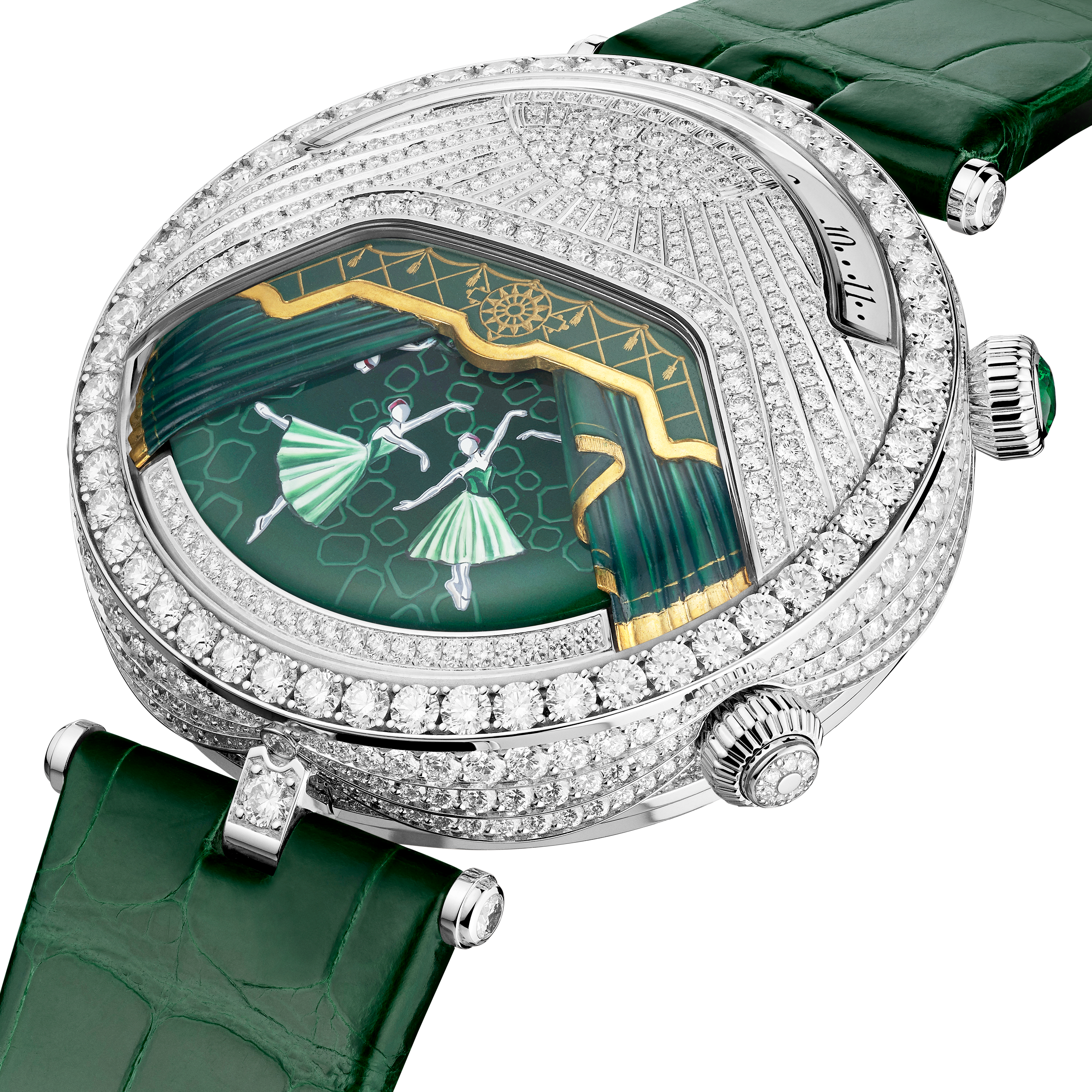 Lady Arpels Ballerine Musicale Emeraude watch, 18K white gold, Diamond:  733 stones,  7.52 carats, Emerald:  1 stone,  0.16 carat, Three Fourth, Watch - Van Cleef & Arpels