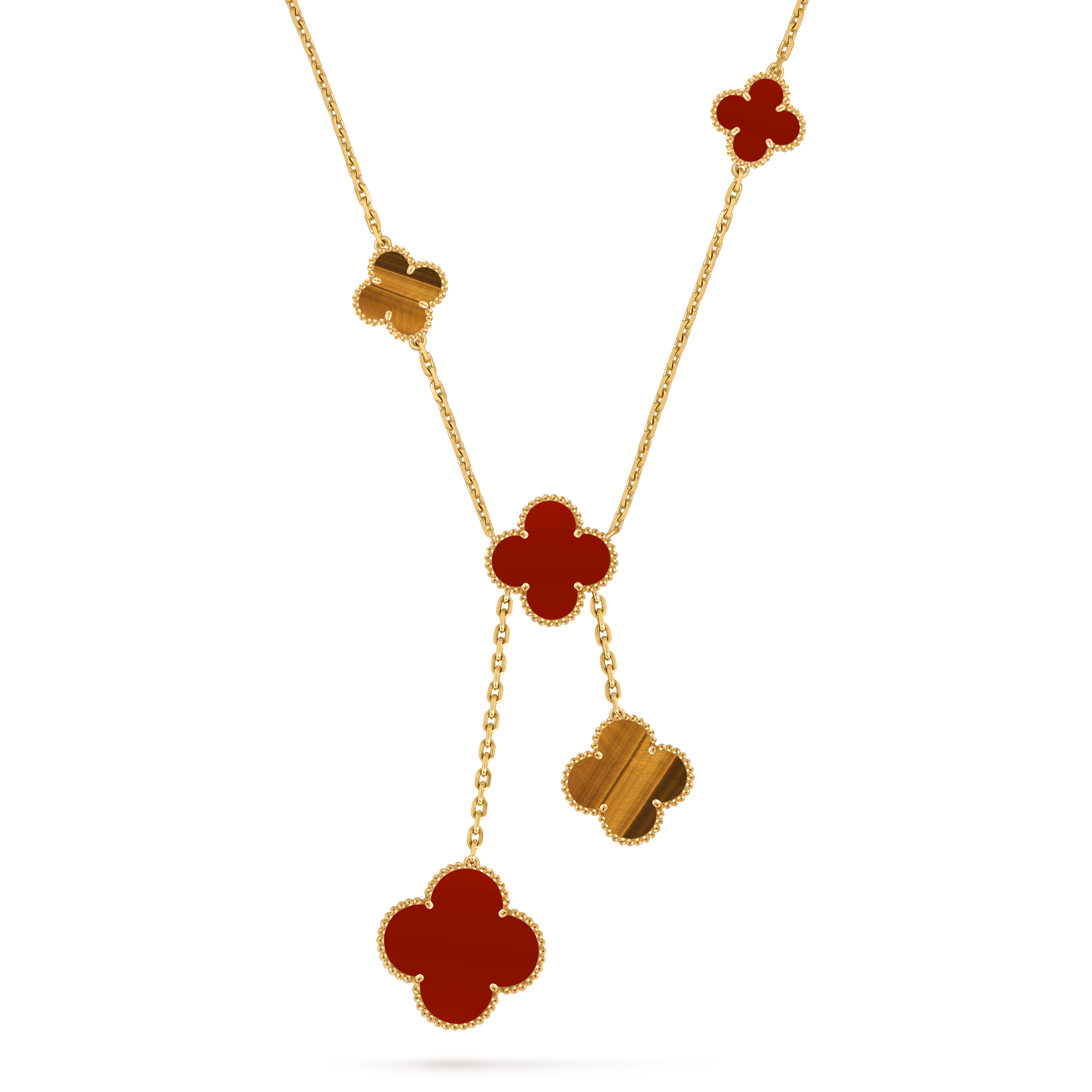 Magic Alhambra necklace, 6 motifs, 18K yellow gold, Carnelian:  3 stones, Tiger Eye:  3 stones, Detail Alternative, Jewelry Necklace - Van Cleef & Arpels
