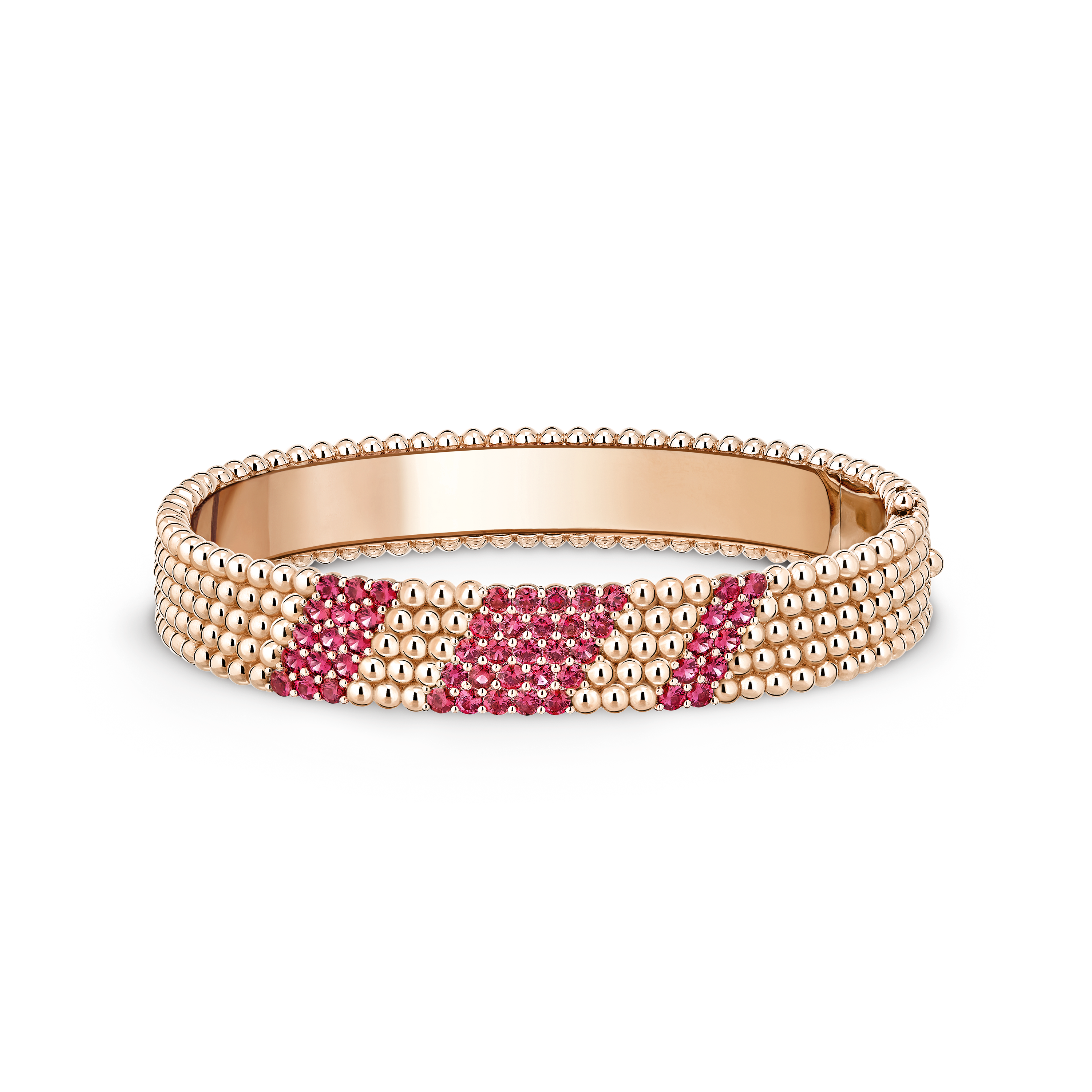 Perlée couleurs bracelet, 5 rows, large model, 18K rose gold, Ruby:  50 stones,  2.5 carats, Front, Jewelry Bracelet - Van Cleef & Arpels