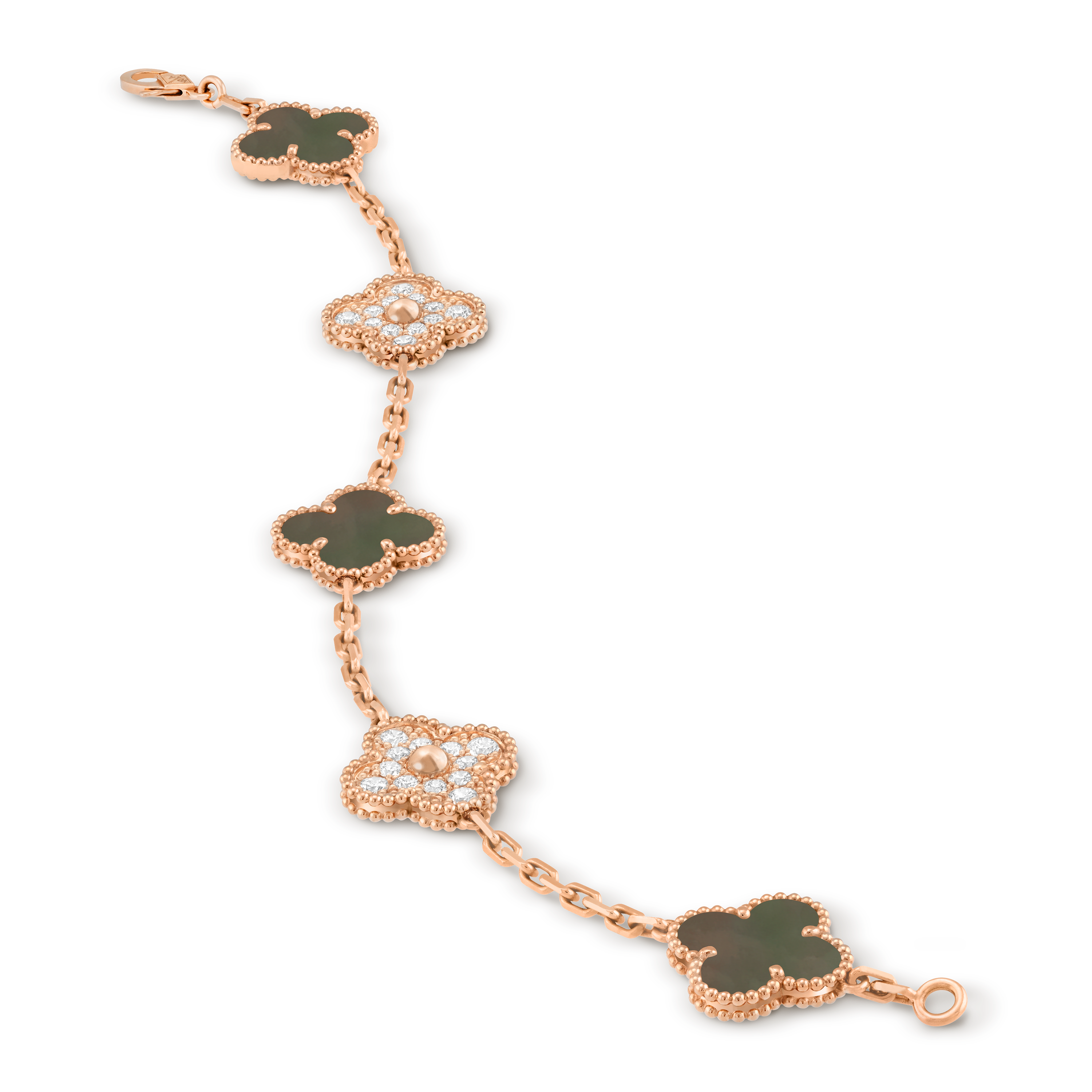 Vintage Alhambra bracelet, 5 motifs, 18K rose gold, Diamond:  24 stones,  0.96 carat, Mother-of-pearl:  3 stones, Close Up, Jewelry Bracelet - Van Cleef & Arpels