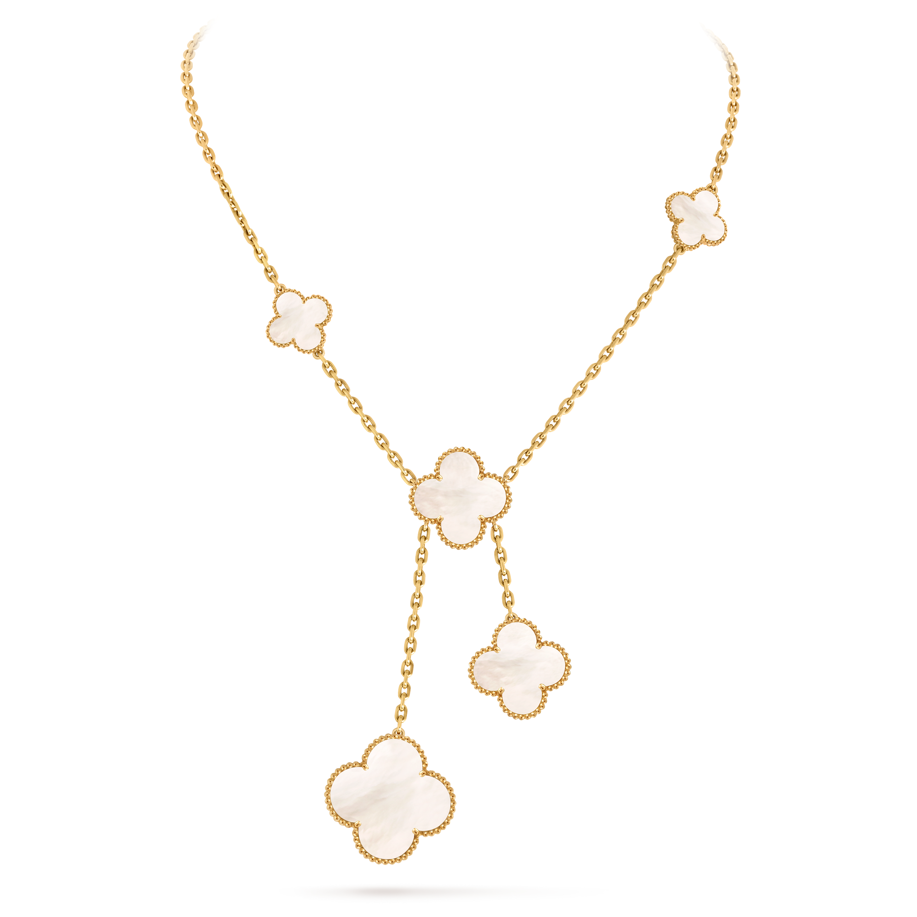Magic Alhambra necklace, 6 motifs, 18K yellow gold, Mother-of-pearl:  6 stones, On Stand, Jewelry Necklace - Van Cleef & Arpels