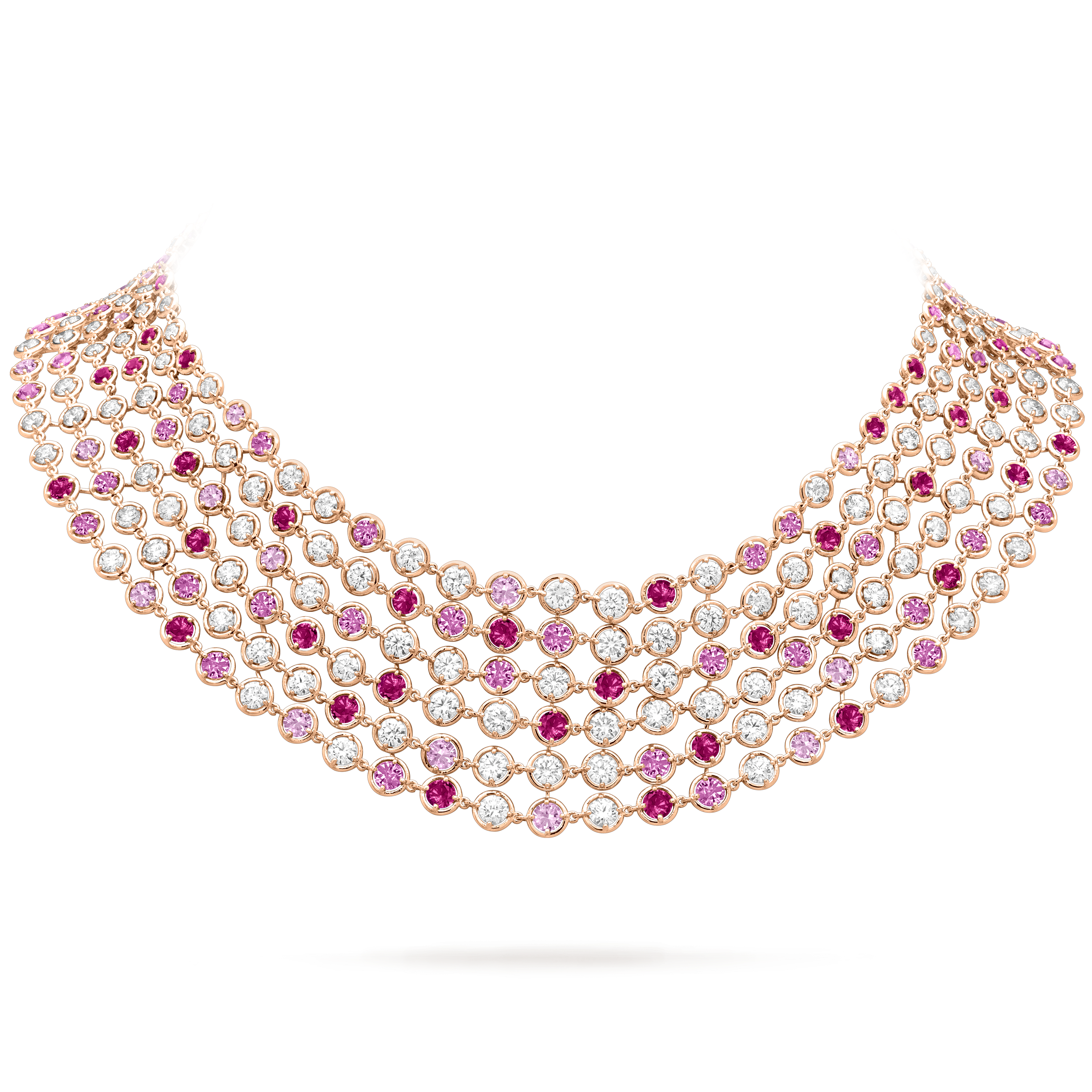 Palmyre necklace, 18K rose gold, Diamond:  207 stones,  21 carats, Sapphire:  177 stones,  22.13 carats, On Stand, High Jewelry Necklace - Van Cleef & Arpels