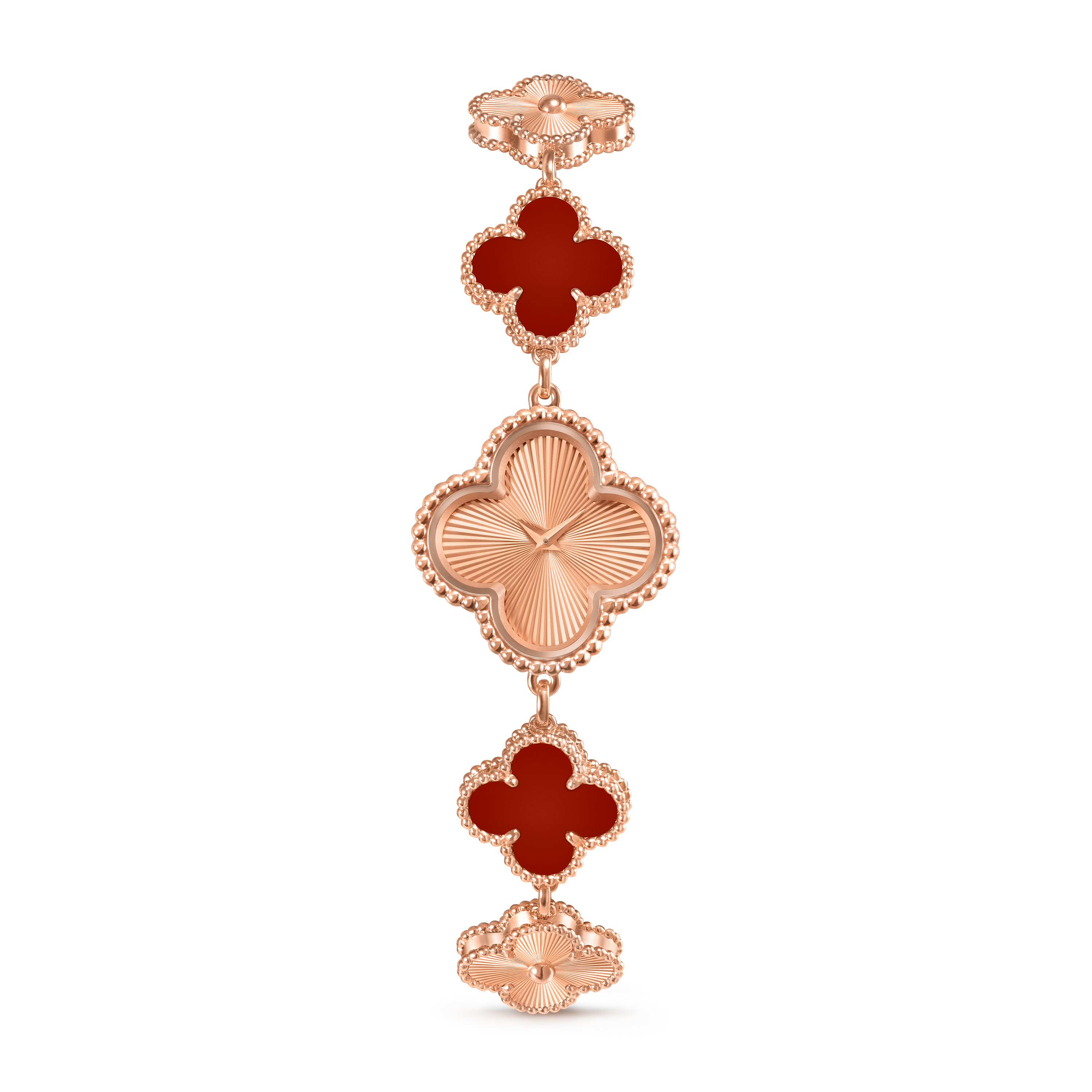 Sweet Alhambra watch, 18K rose gold, Carnelian:  4 stones, Front, Watch - Van Cleef & Arpels