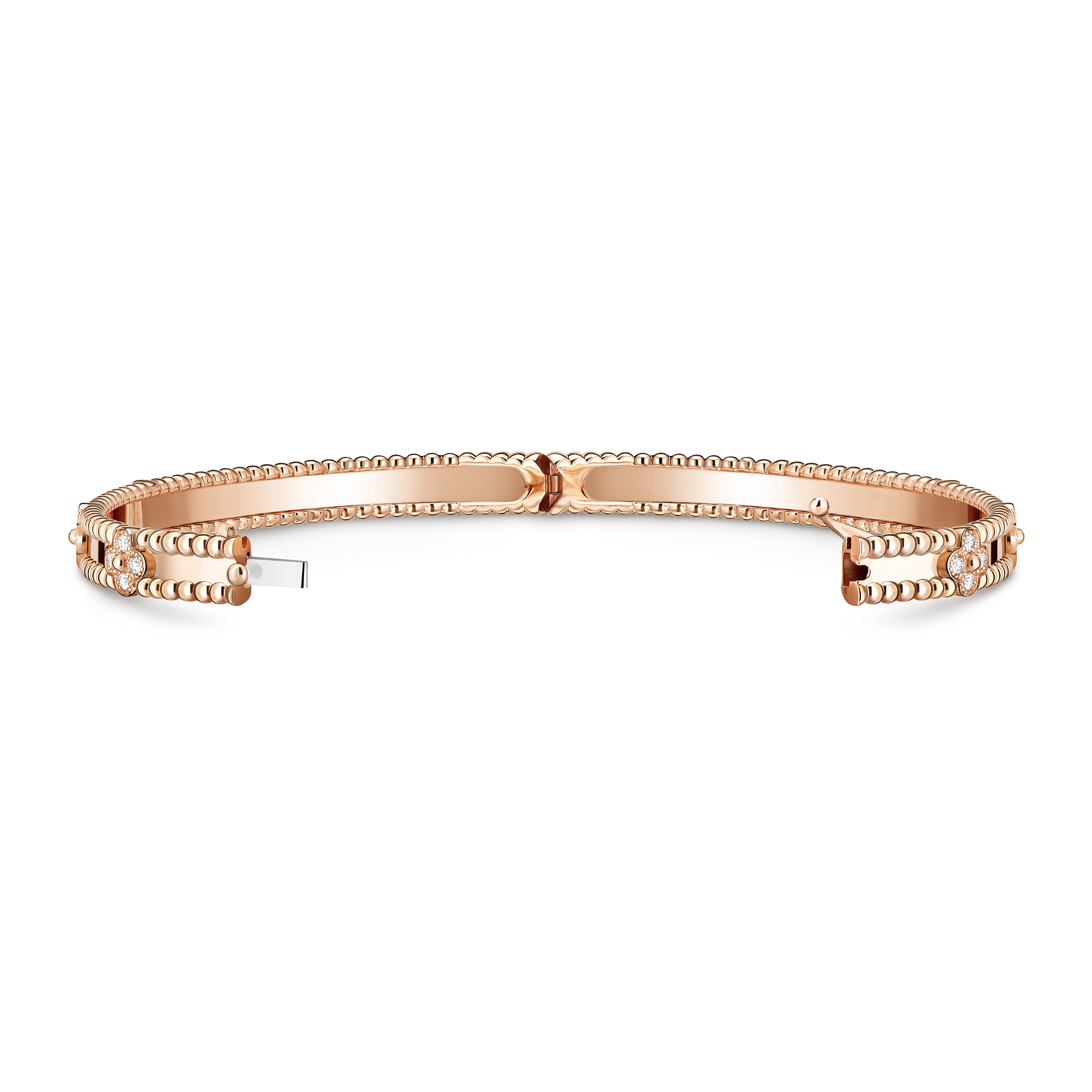 Perlée sweet clovers bracelet, medium model, 18K rose gold, Diamond:  40 stones,  0.68 carat, Open, Jewelry Bracelet - Van Cleef & Arpels